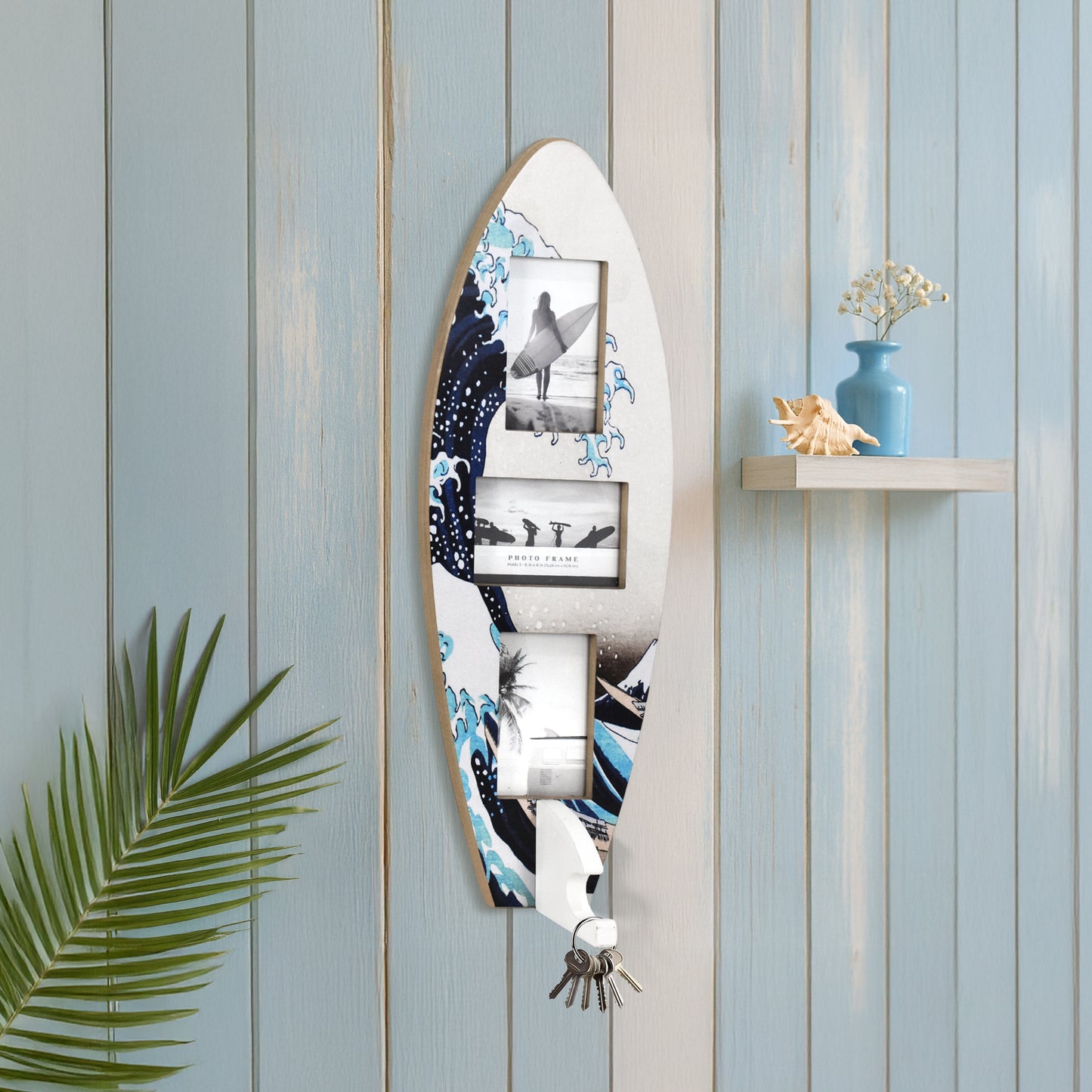 Surfboard Photo Collage Wall Decor - Holds 3 Photos, Great Wave Off Kanagawa, 25" × 9"