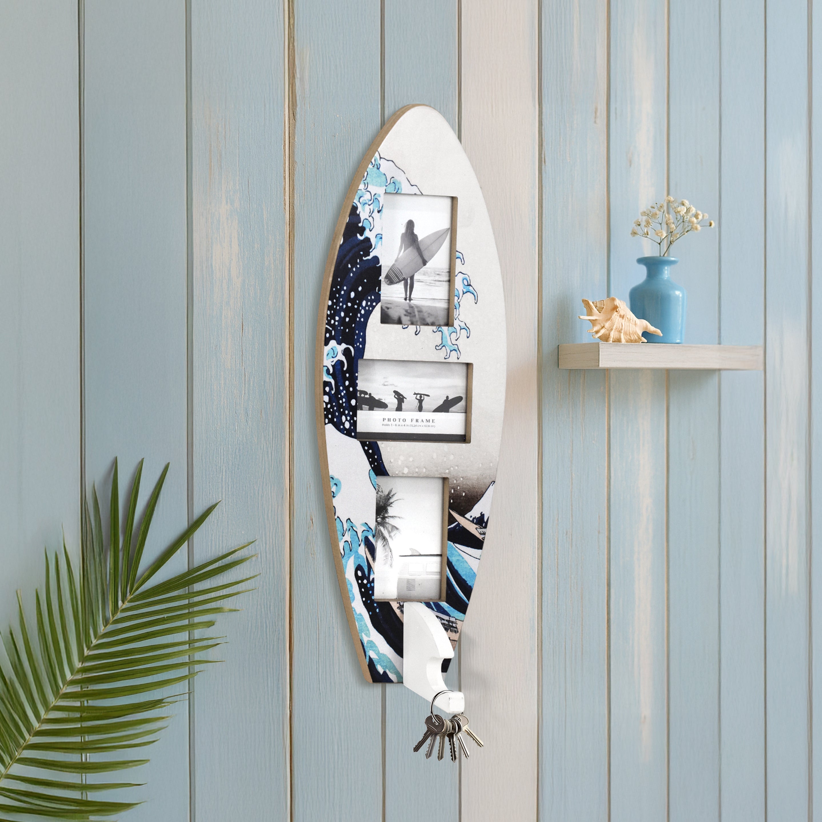 Surfboard Photo Collage Wall Decor - Holds 3 Photos, Great Wave Off Kanagawa, 25