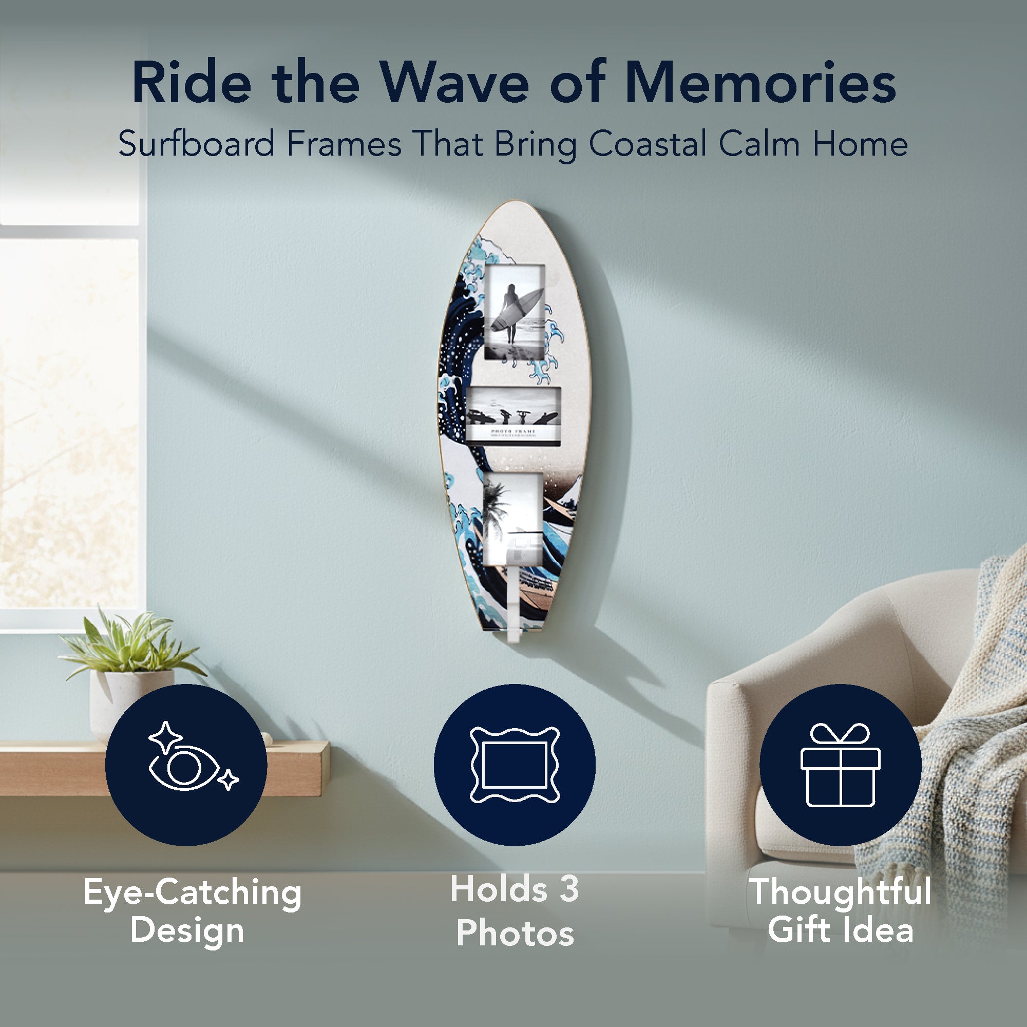 Surfboard Photo Collage Wall Decor - Holds 3 Photos, Great Wave Off Kanagawa, 25