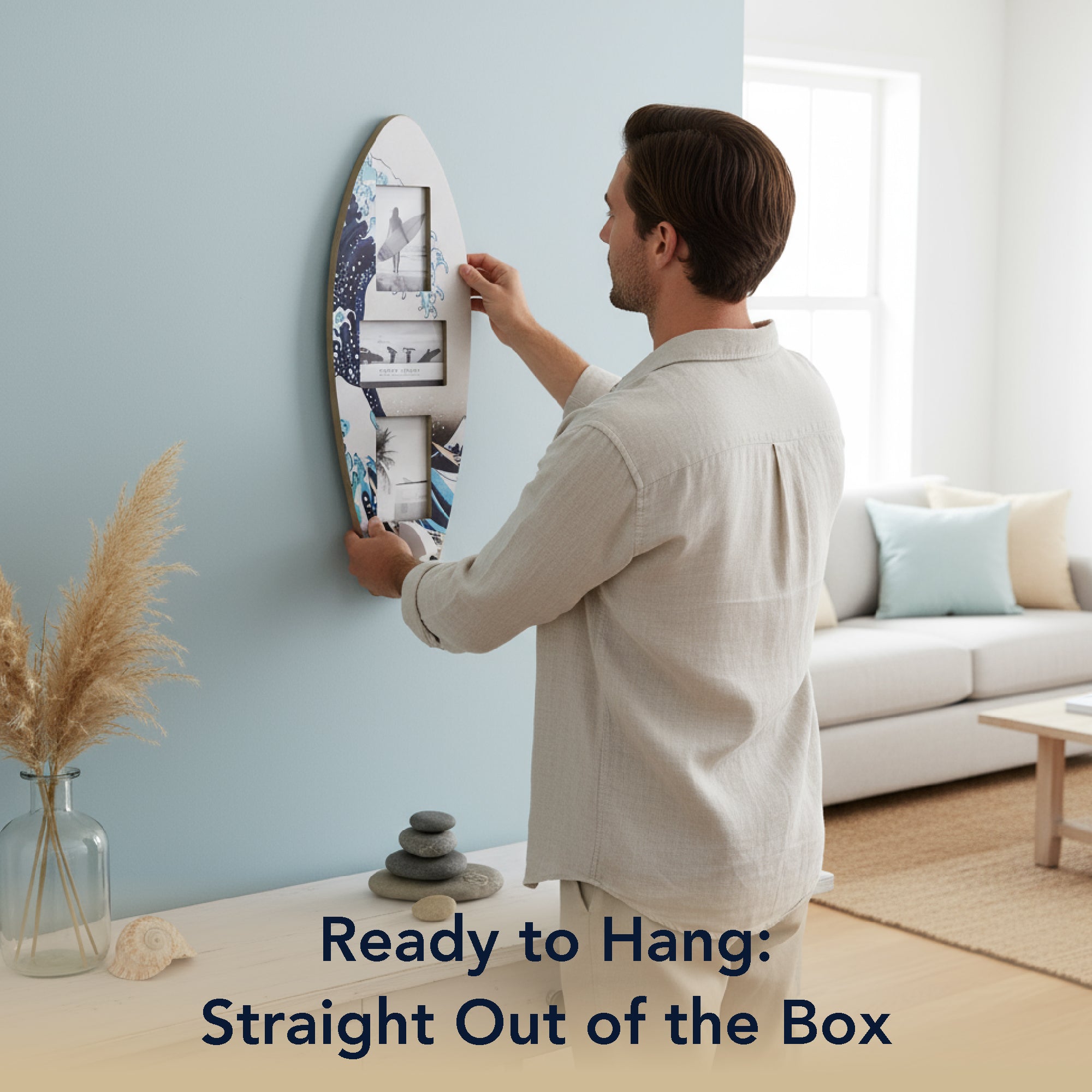 Surfboard Photo Collage Wall Decor - Holds 3 Photos, Great Wave Off Kanagawa, 25