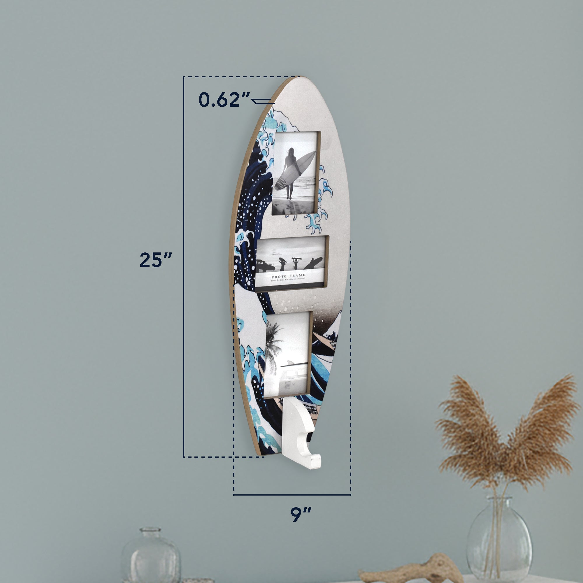 Surfboard Photo Collage Wall Decor - Holds 3 Photos, Great Wave Off Kanagawa, 25
