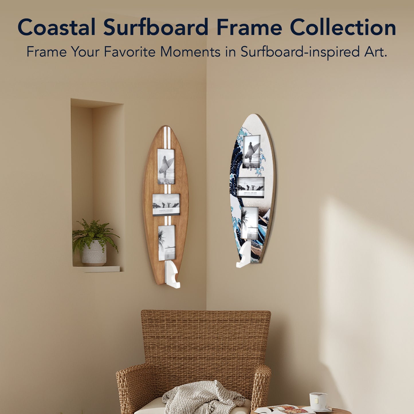 Surfboard Photo Collage Wall Decor - Holds 3 Photos, Great Wave Off Kanagawa, 25" × 9"
