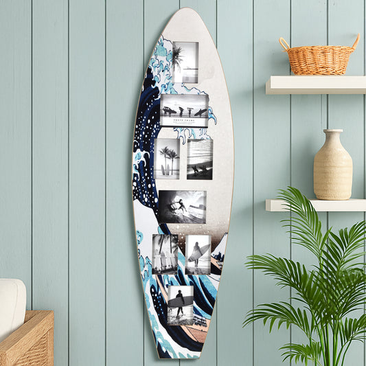 Surfboard Photo Collage Wall Decor - Great Wave Off Kanagawa Coastal Beach Art