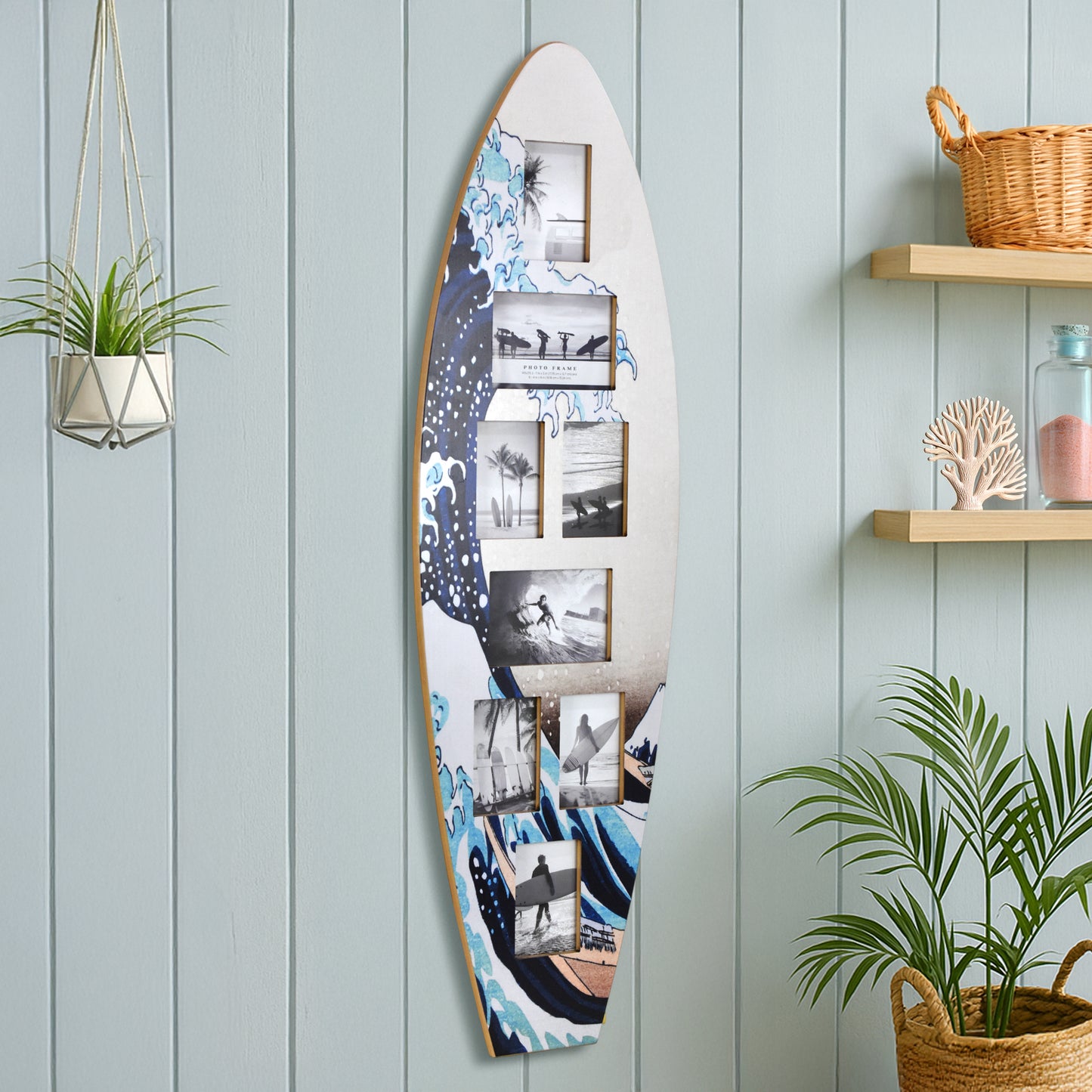 Surfboard Photo Collage Wall Decor - Great Wave Off Kanagawa Coastal Beach Art