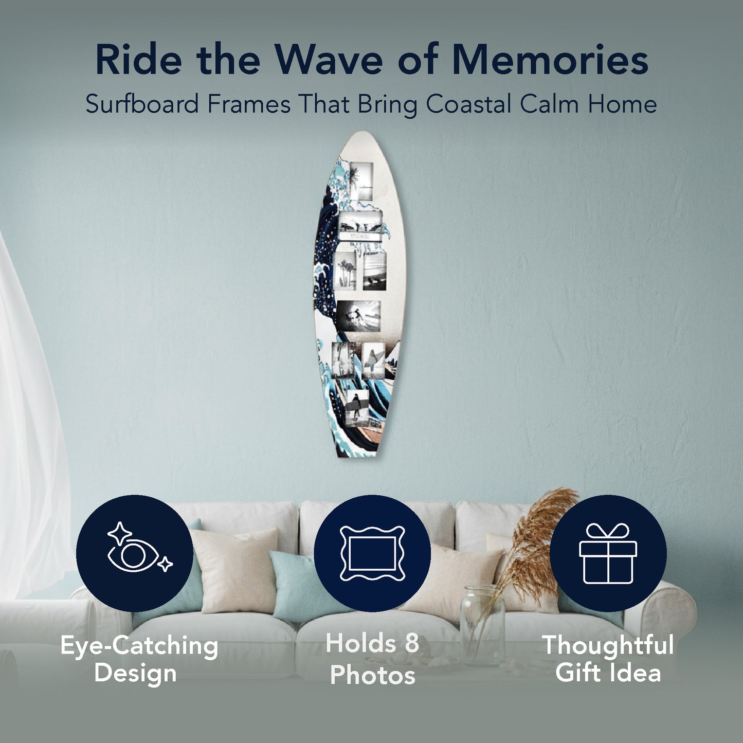 Surfboard Photo Collage Wall Decor - Great Wave Off Kanagawa Coastal Beach Art