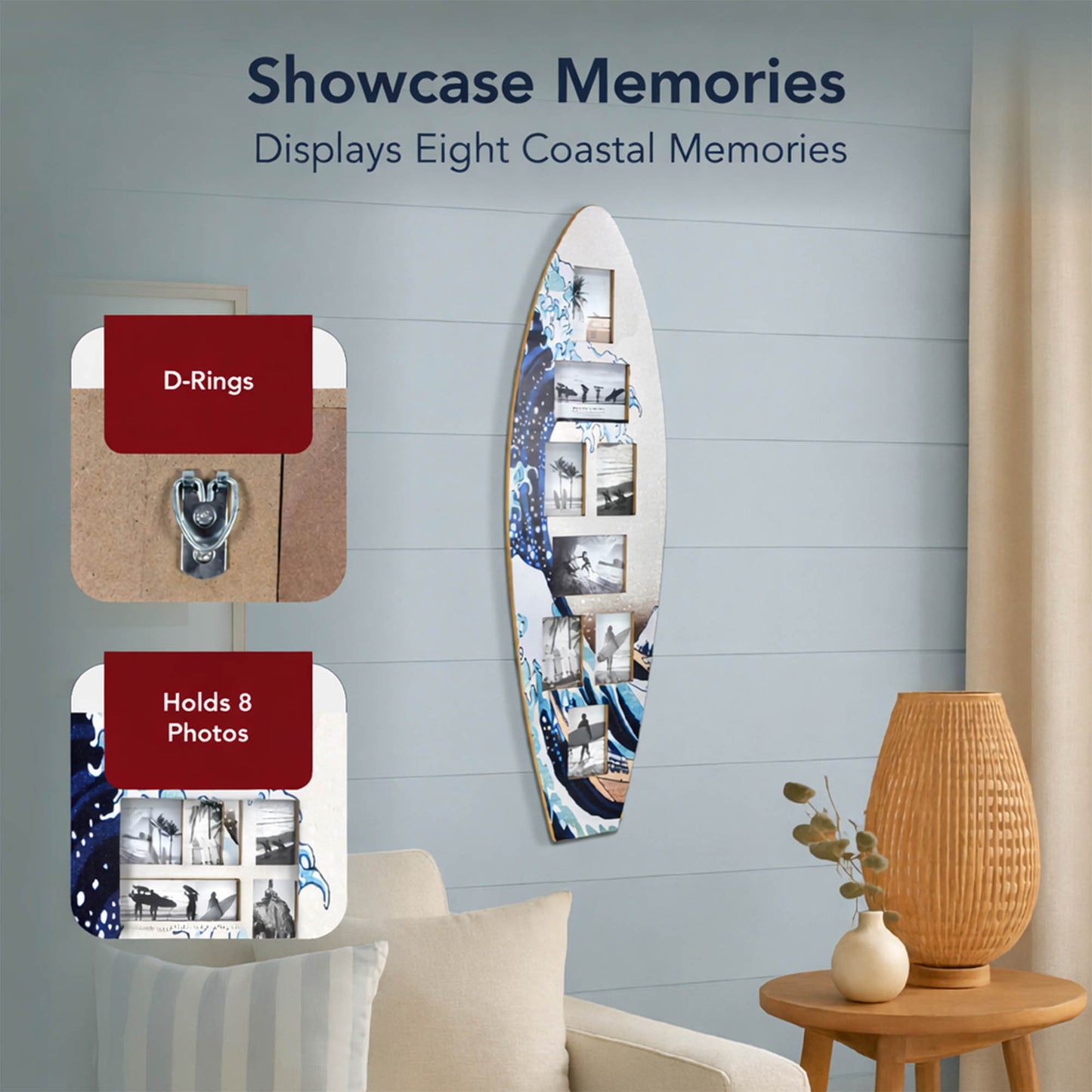 Surfboard Photo Collage Wall Decor - Great Wave Off Kanagawa Coastal Beach Art