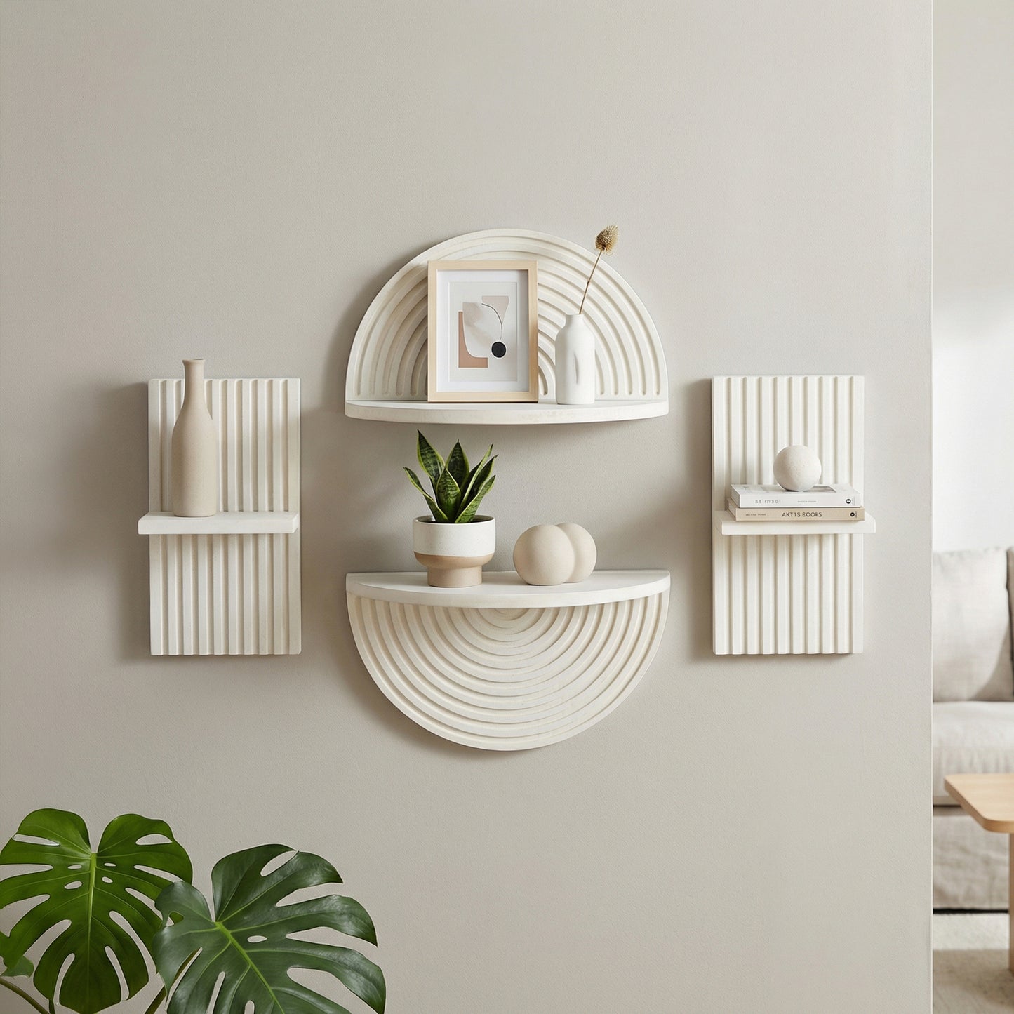 White Boho Arched Modular Wood Wall Shelf Set