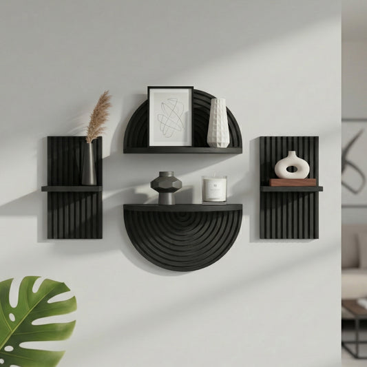 Black Boho Arched Modular Wood Wall Shelf Set