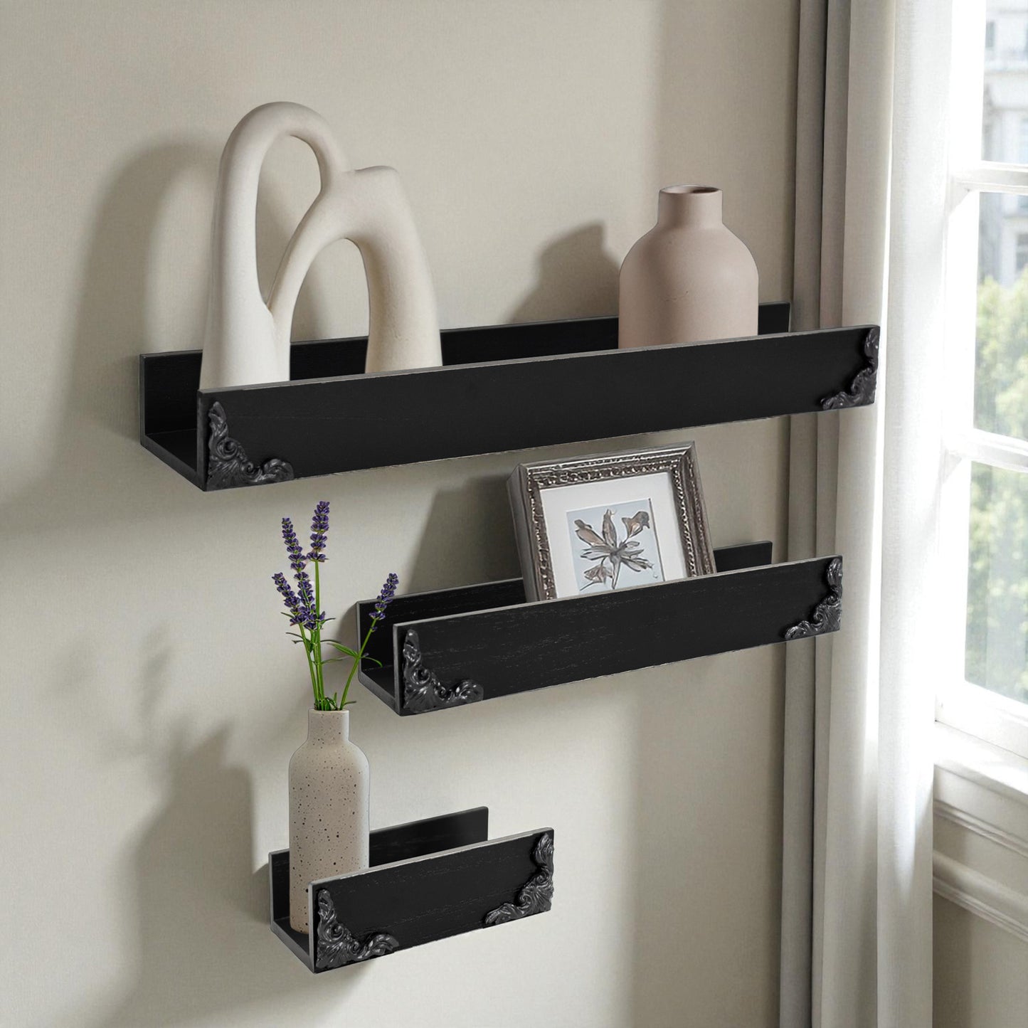 Vintage Black Ornate Trim 3-Piece Floating Wall Shelf Set