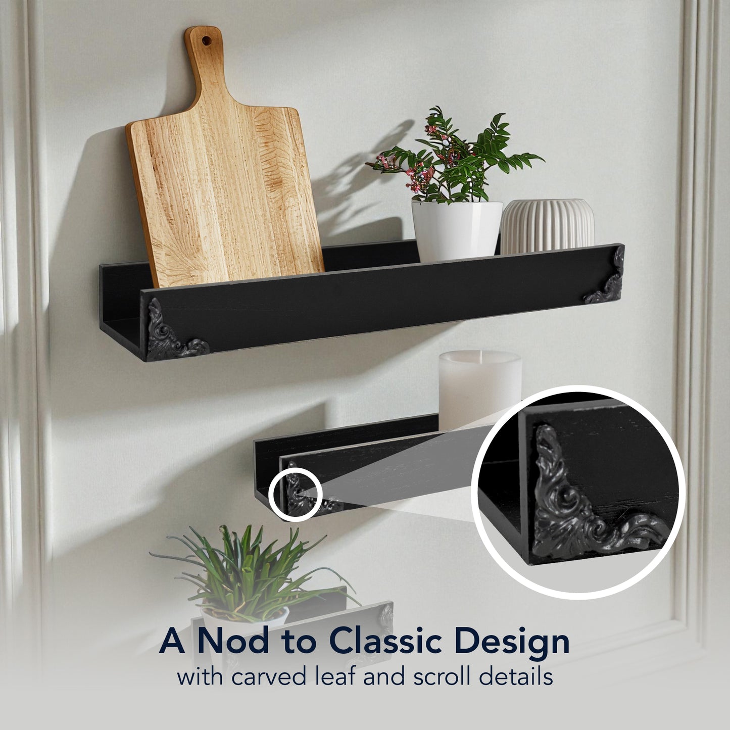 Vintage Black Ornate Trim 3-Piece Floating Wall Shelf Set