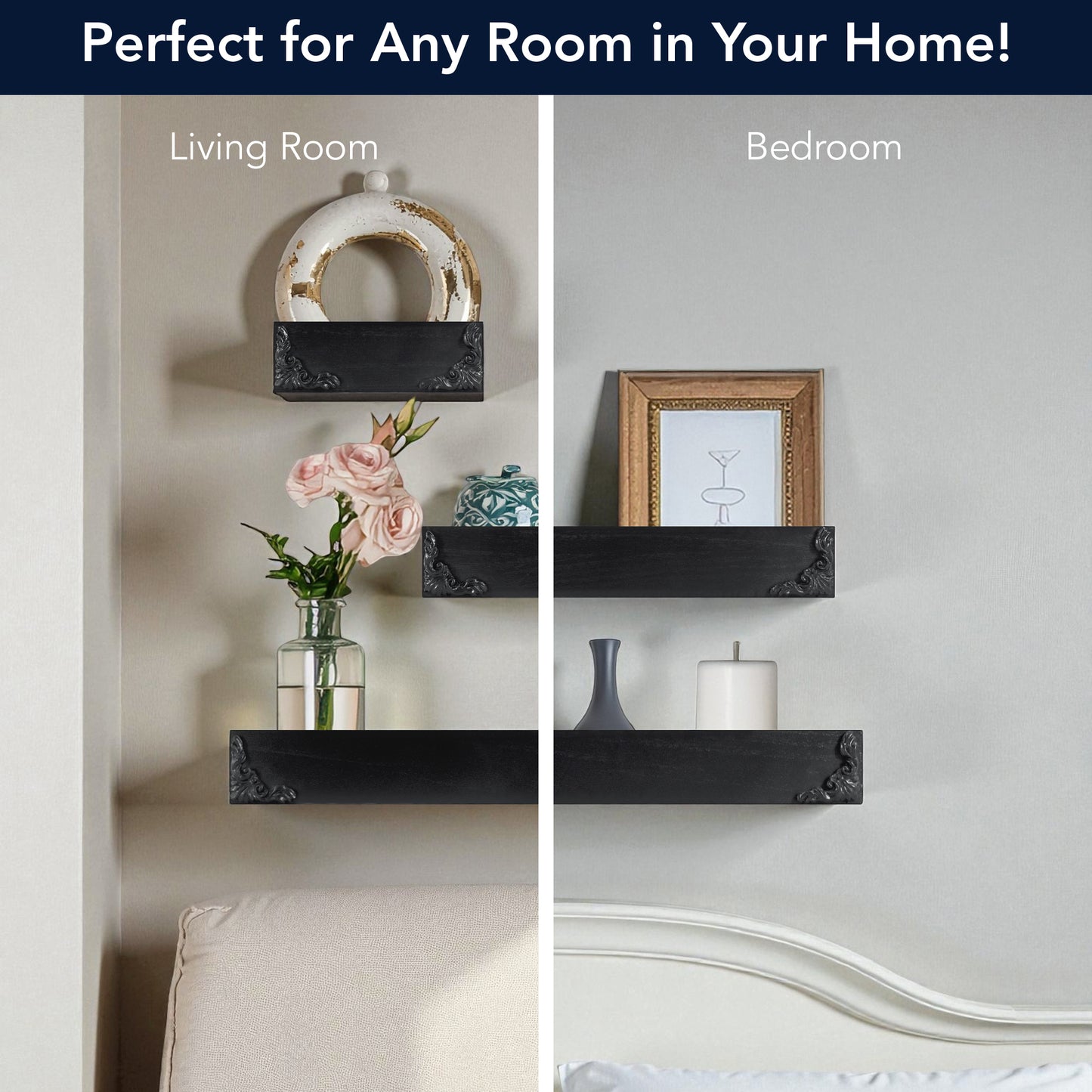 Vintage Black Ornate Trim 3-Piece Floating Wall Shelf Set