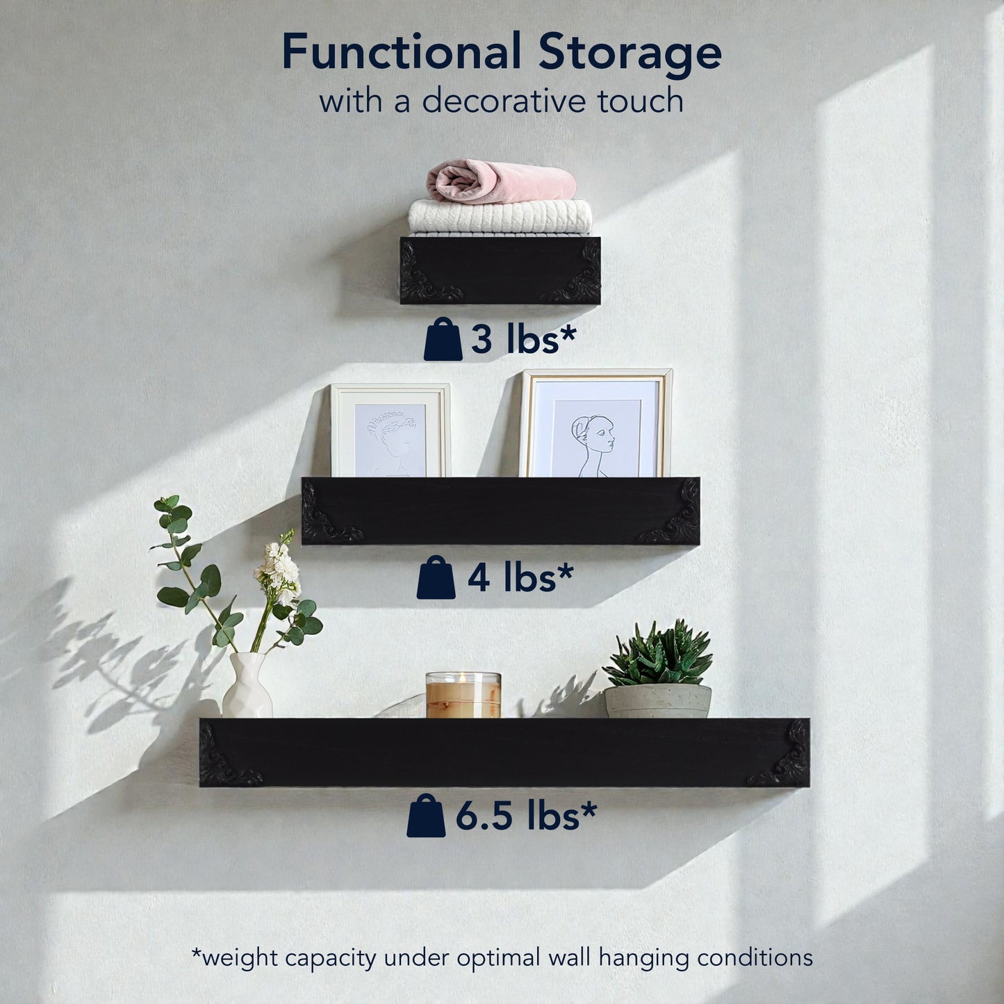 Vintage Black Ornate Trim 3-Piece Floating Wall Shelf Set