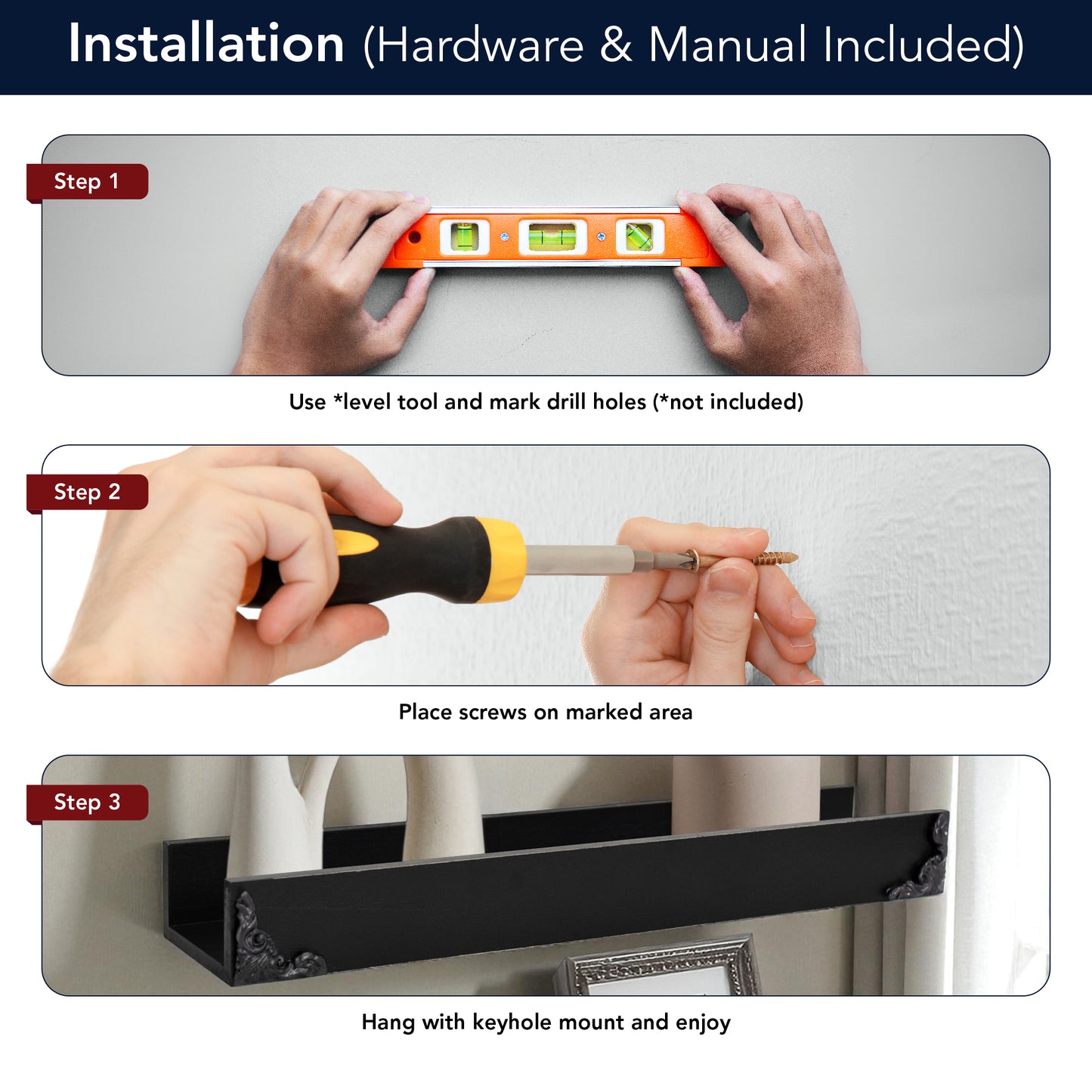 Vintage Black Ornate Trim 3-Piece Floating Wall Shelf Set