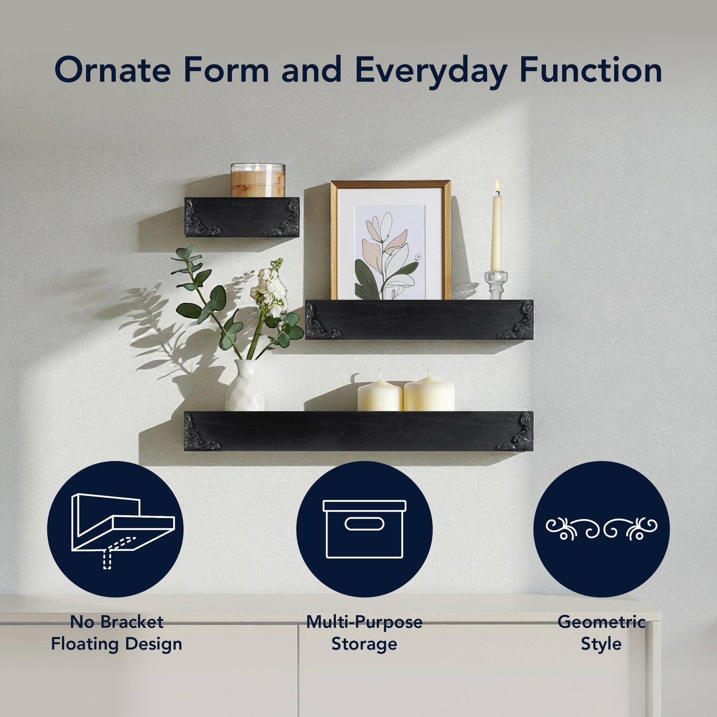 Vintage Black Ornate Trim 3-Piece Floating Wall Shelf Set