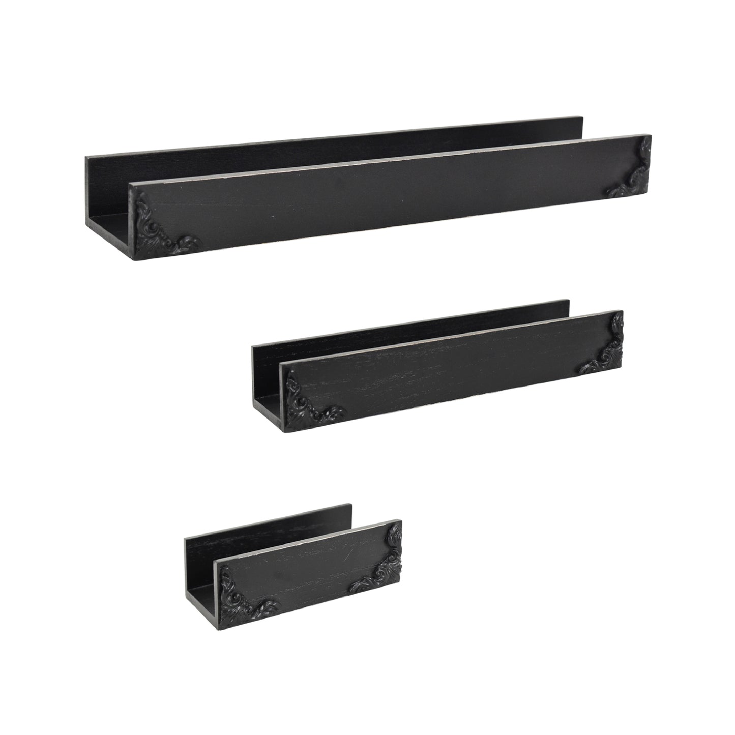 Vintage Black Ornate Trim 3-Piece Floating Wall Shelf Set