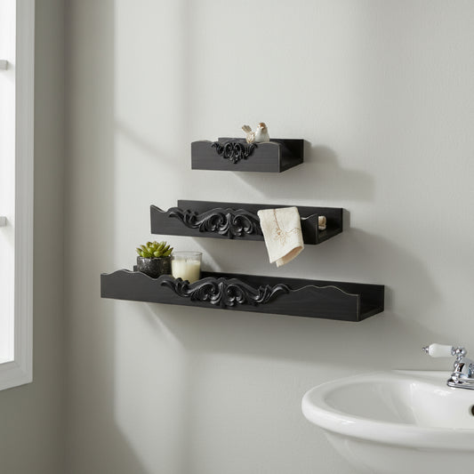 Vintage Black Ornate 3-Piece Floating Wall Shelf Set