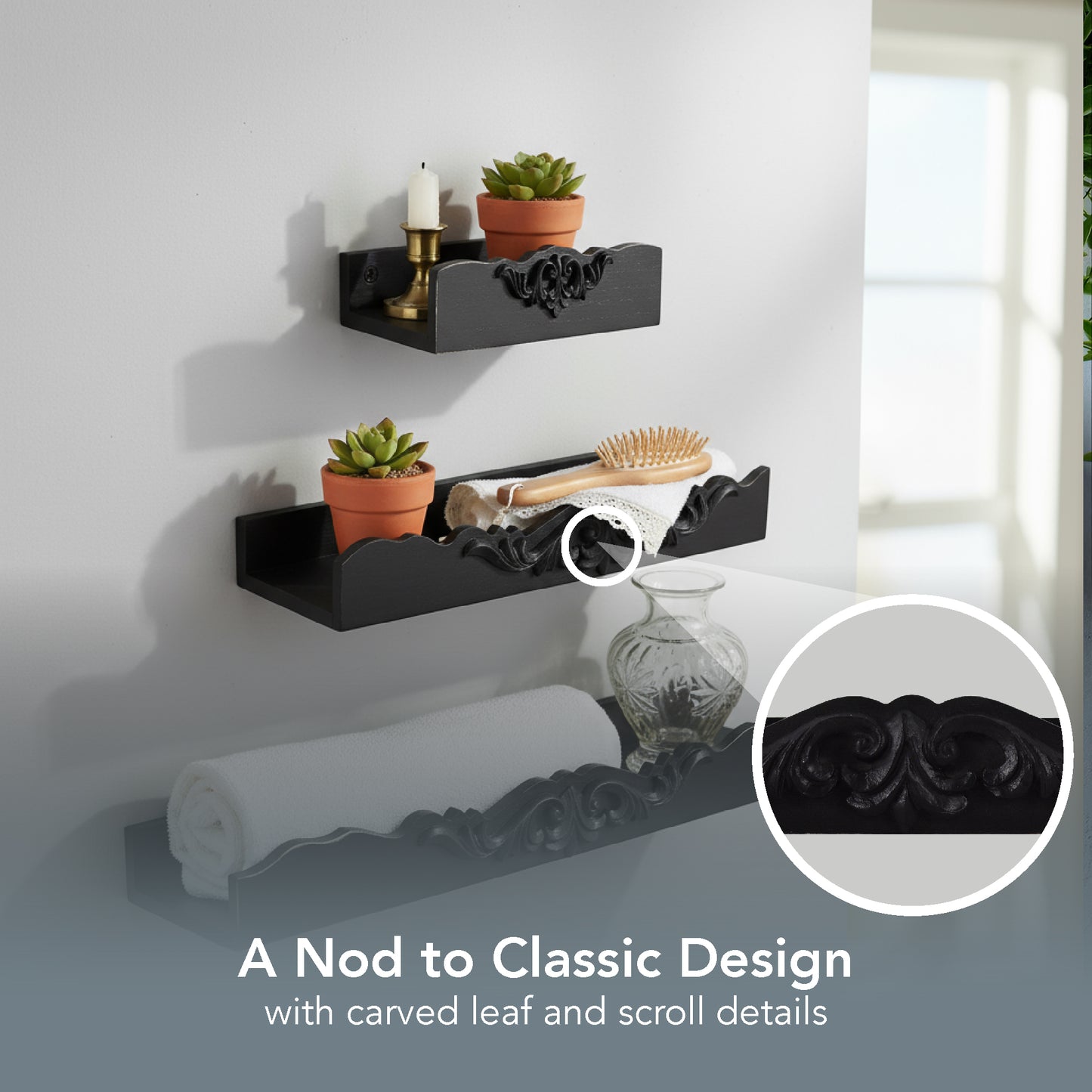 Vintage Black Ornate 3-Piece Floating Wall Shelf Set