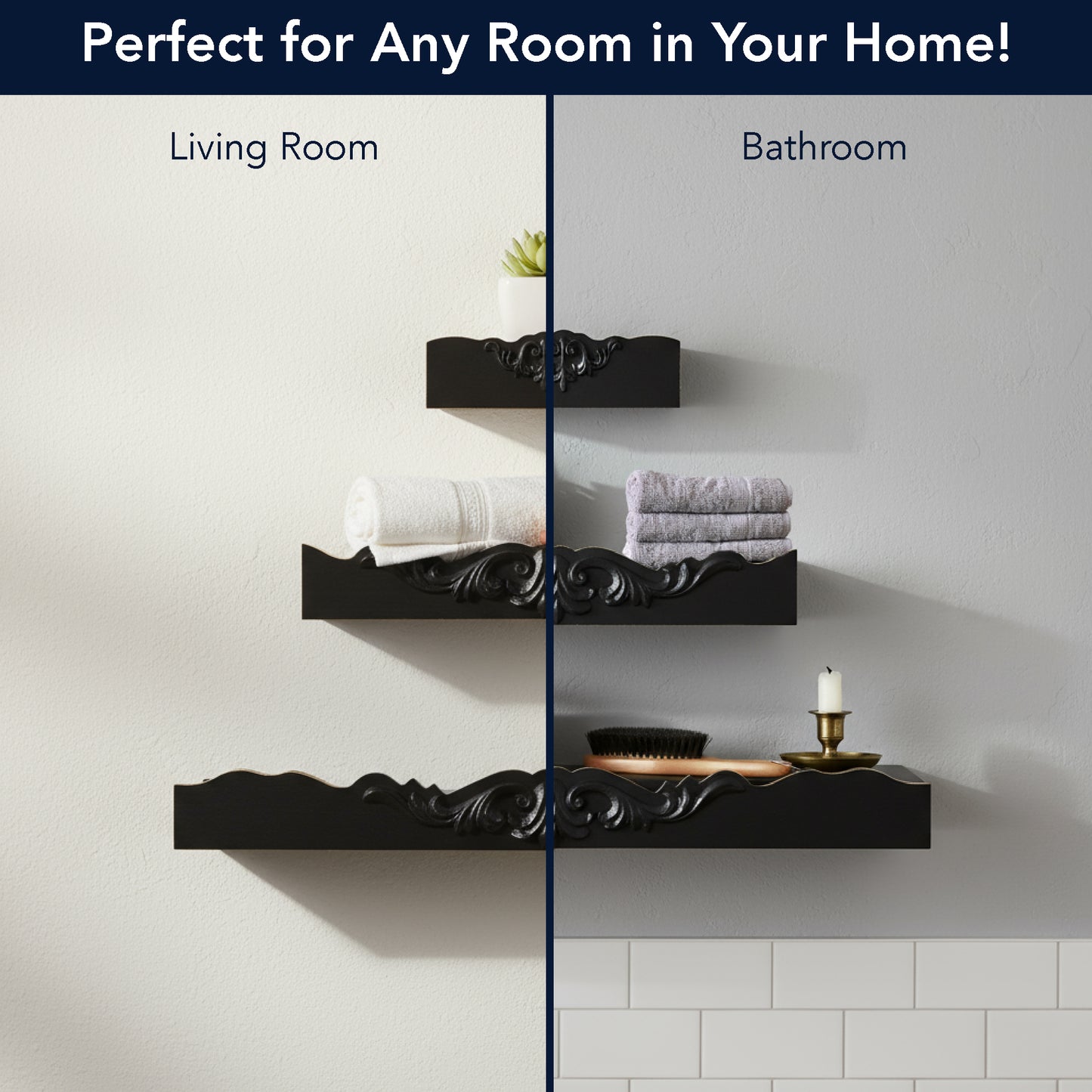 Vintage Black Ornate 3-Piece Floating Wall Shelf Set