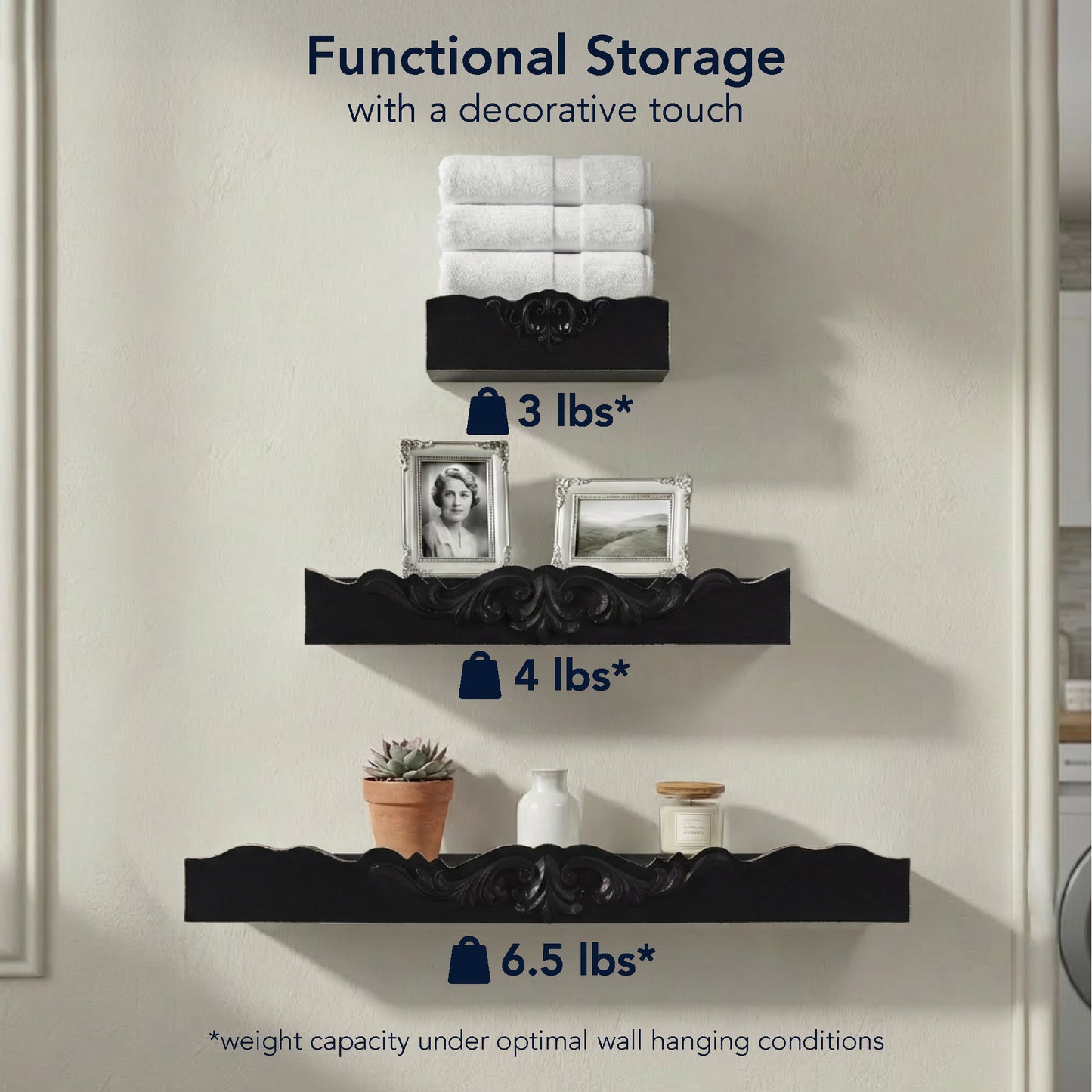 Vintage Black Ornate 3-Piece Floating Wall Shelf Set