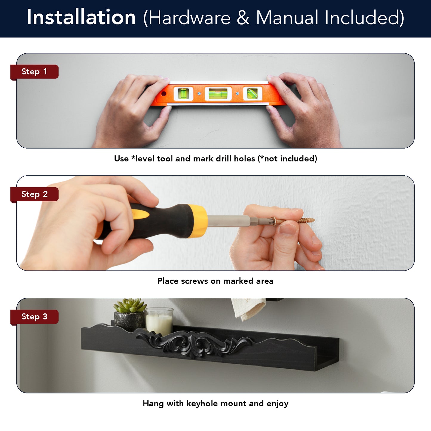 Vintage Black Ornate 3-Piece Floating Wall Shelf Set