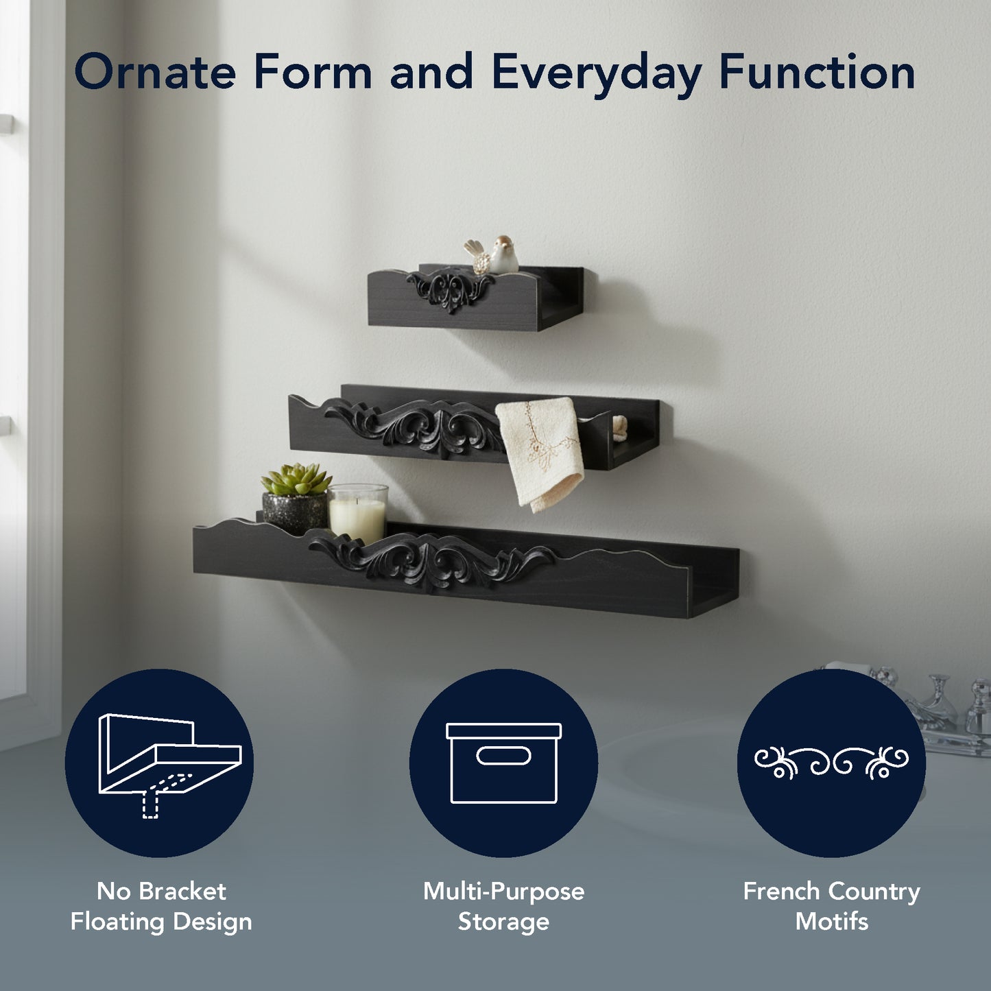 Vintage Black Ornate 3-Piece Floating Wall Shelf Set