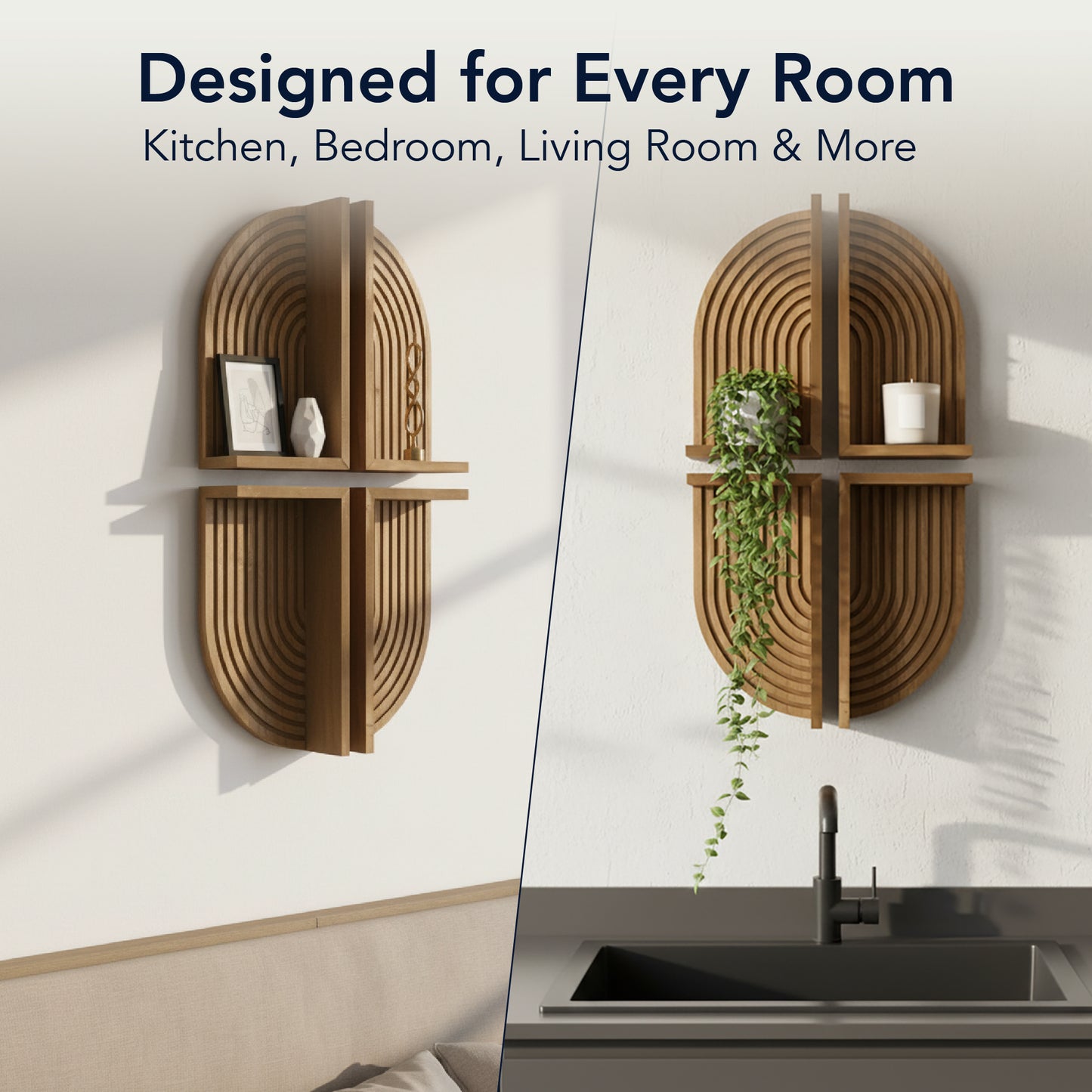 Brown Natural Boho Arched Wood 4 Piece Wall Shelf