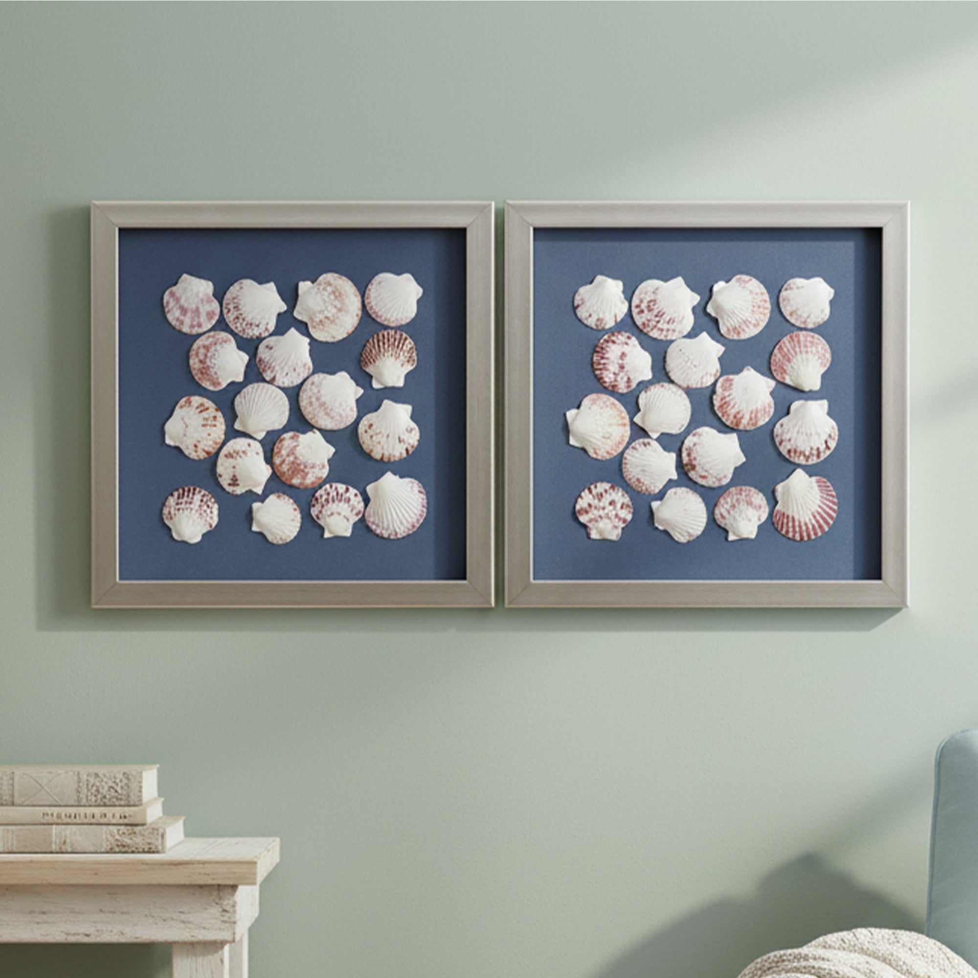 2-pc Seashell Shadowbox Framed Wall Art - Blue Linen Coastal Decor