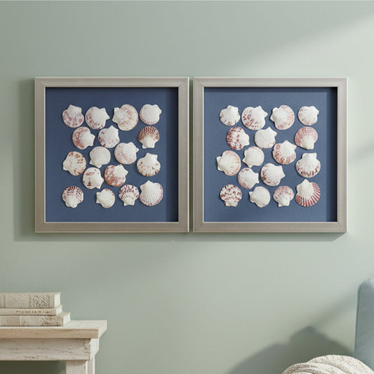 2-pc Seashell Shadowbox Framed Wall Art - Blue Linen Coastal Decor