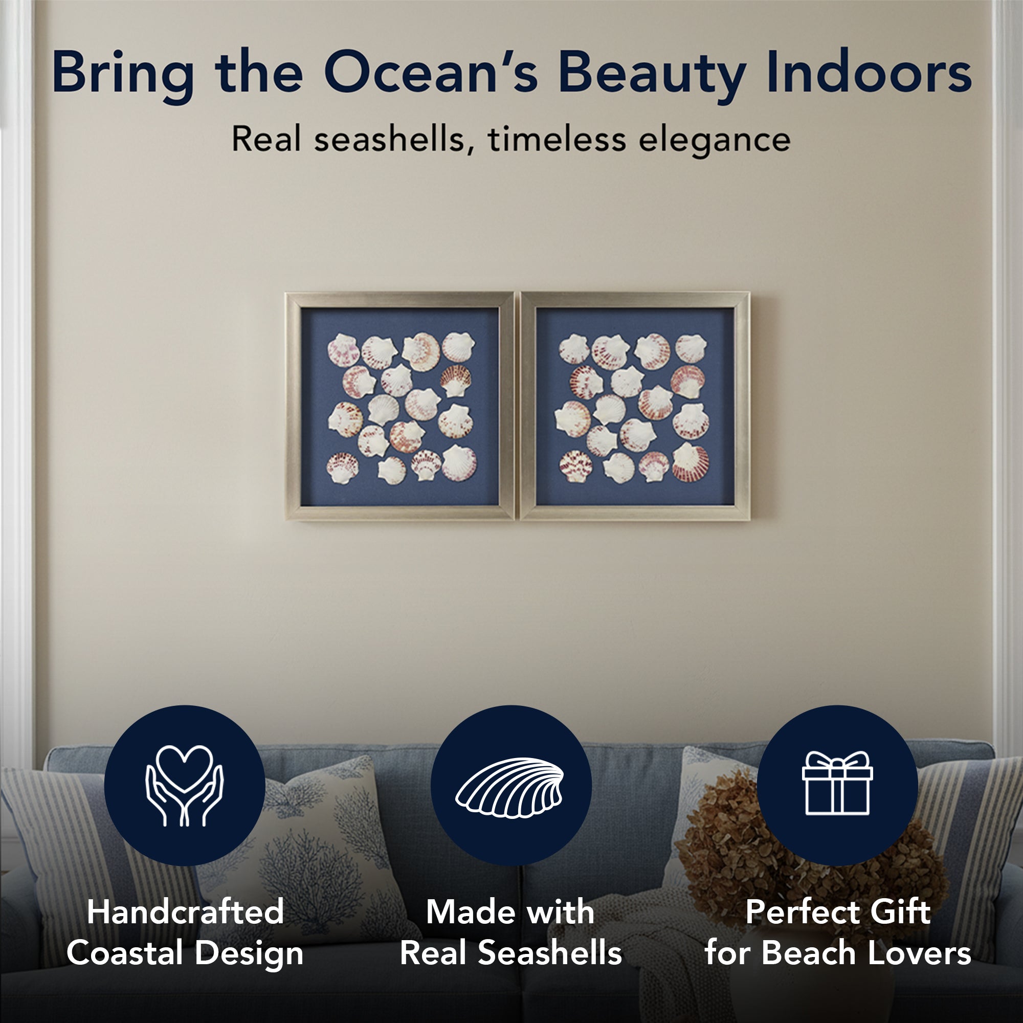 2-pc Seashell Shadowbox Framed Wall Art - Blue Linen Coastal Decor