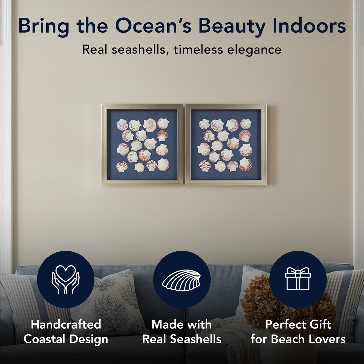 2-pc Seashell Shadowbox Framed Wall Art - Blue Linen Coastal Decor