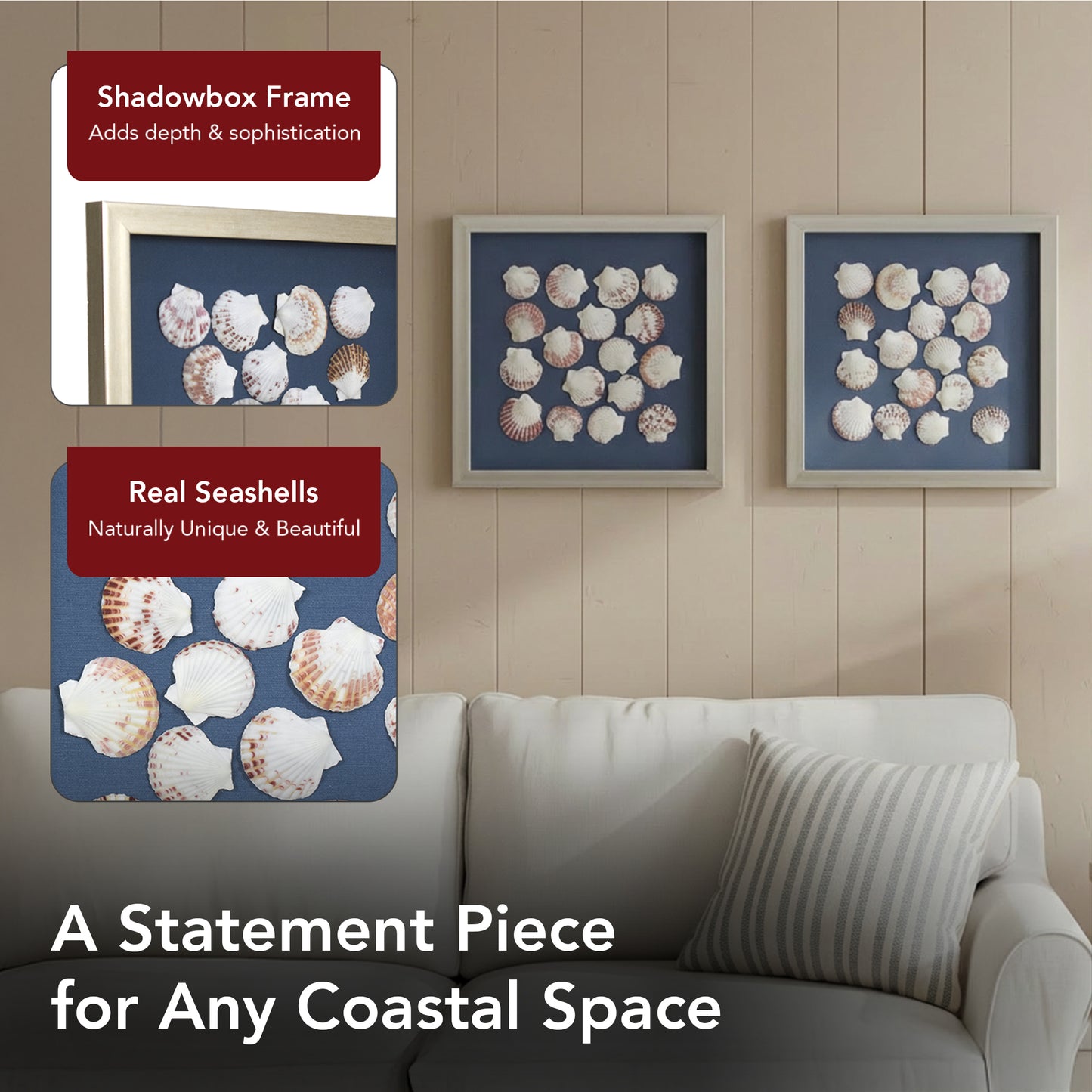 2-pc Seashell Shadowbox Framed Wall Art - Blue Linen Coastal Decor