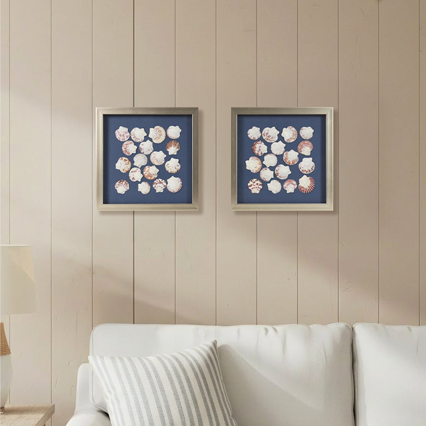 2-pc Seashell Shadowbox Framed Wall Art - Blue Linen Coastal Decor