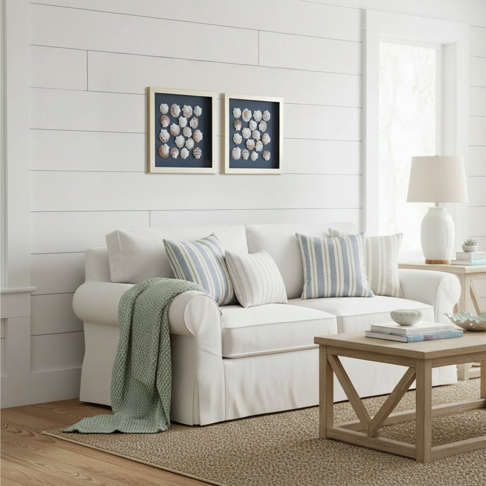 2-pc Seashell Shadowbox Framed Wall Art - Blue Linen Coastal Decor