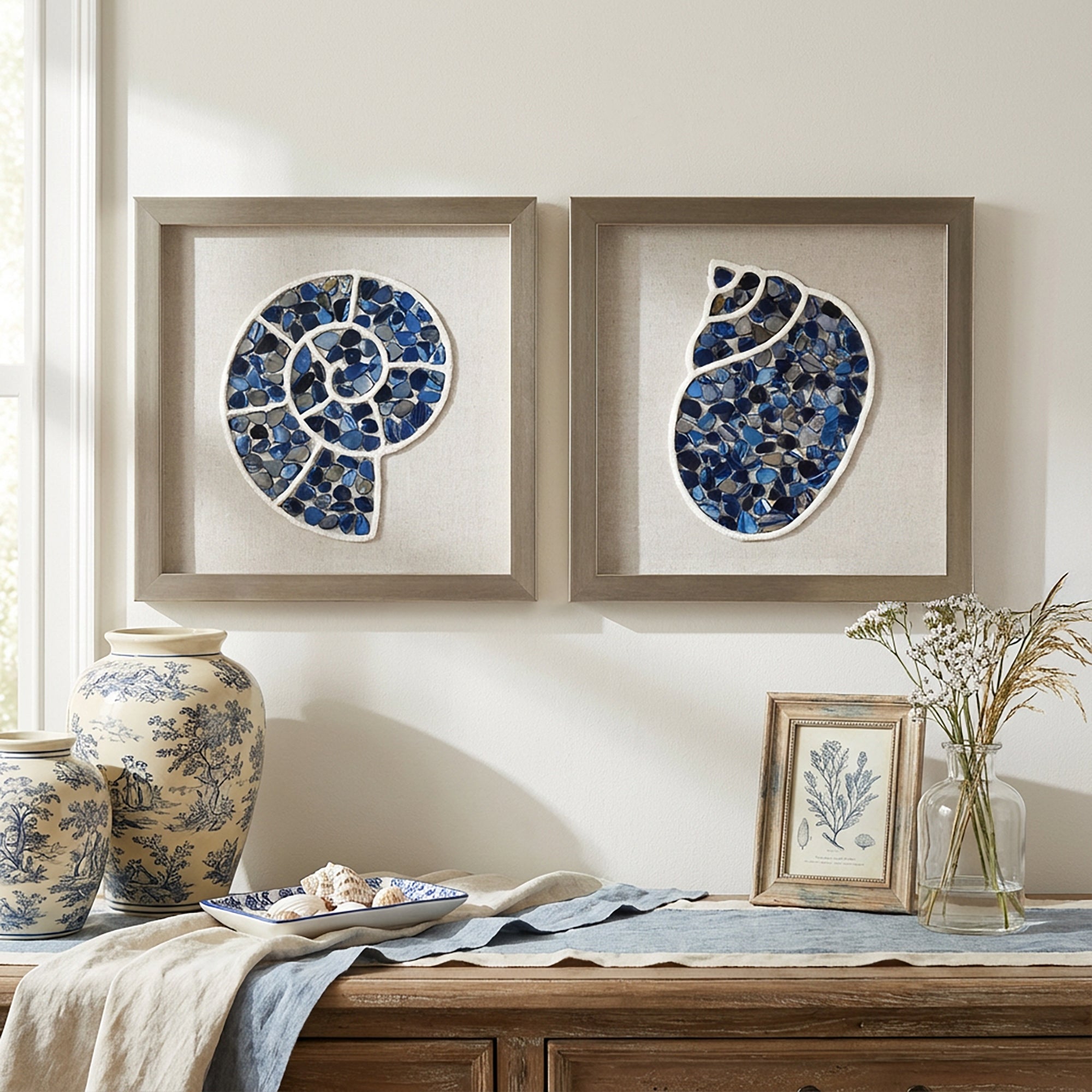 2-pc Sea Glass Shell Wall Art Set - Coastal Blue Shadowbox Decor