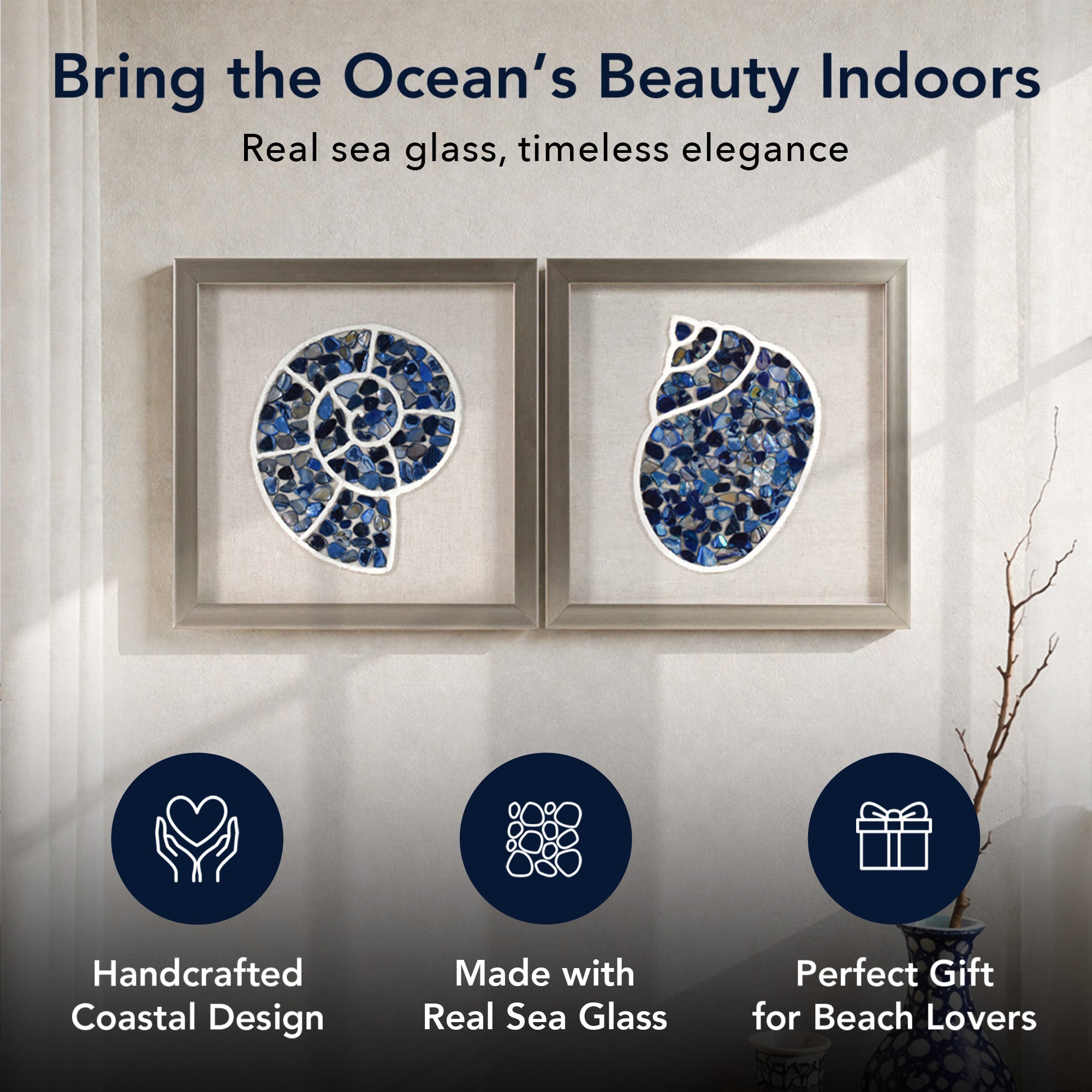 2-pc Sea Glass Shell Wall Art Set - Coastal Blue Shadowbox Decor