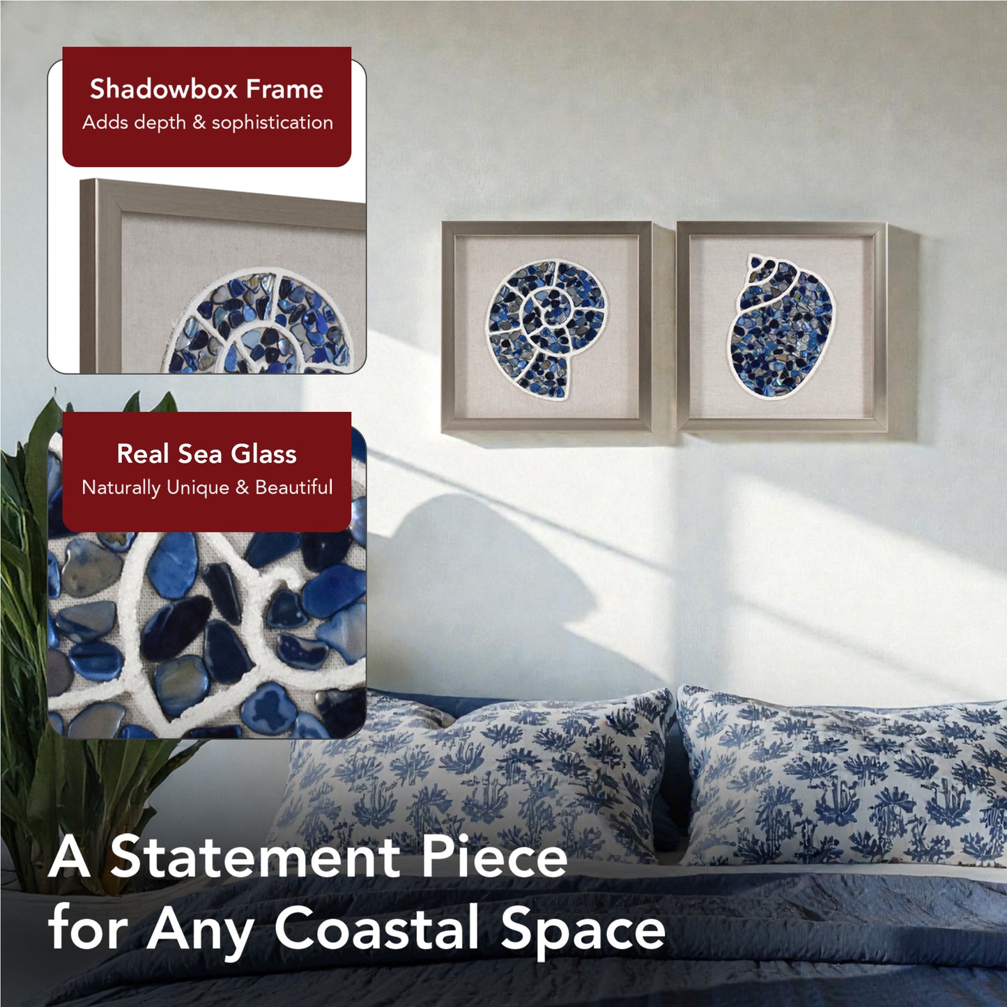 2-pc Sea Glass Shell Wall Art Set - Coastal Blue Shadowbox Decor