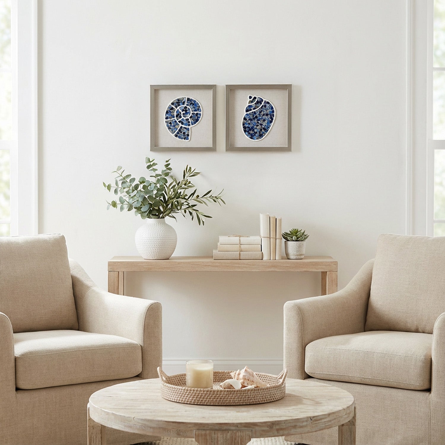 2-pc Sea Glass Shell Wall Art Set - Coastal Blue Shadowbox Decor