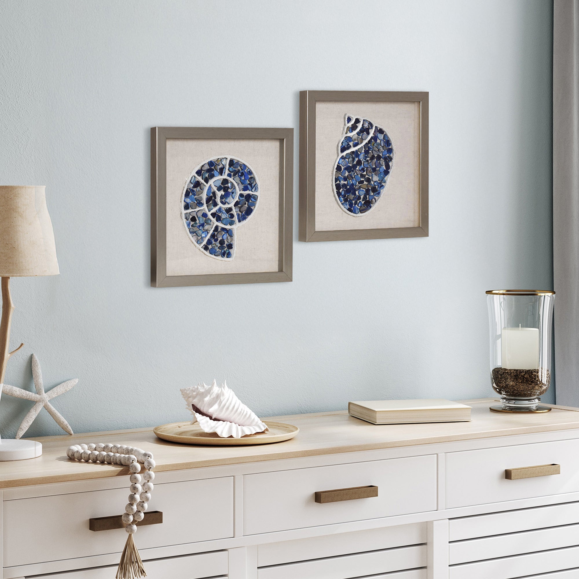2-pc Sea Glass Shell Wall Art Set - Coastal Blue Shadowbox Decor