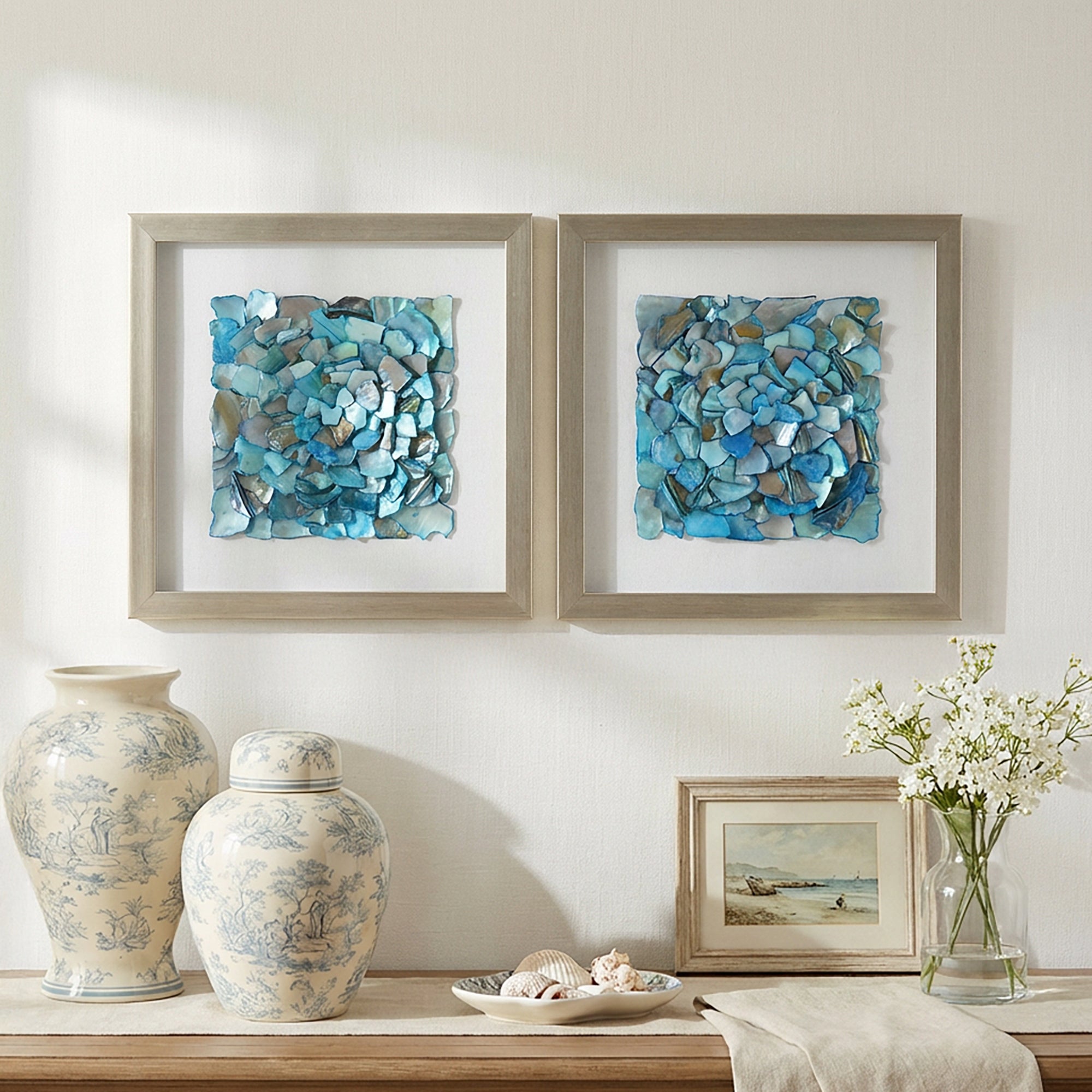 2-pc Sea Glass Shell Wall Art Set - Coastal Aqua & Teal Shadowbox Decor