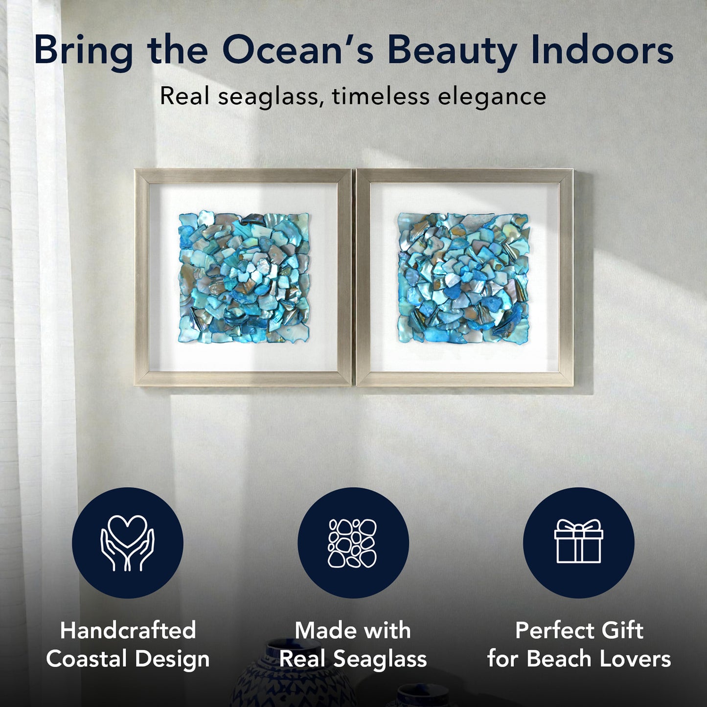 2-pc Sea Glass Shell Wall Art Set - Coastal Aqua & Teal Shadowbox Decor