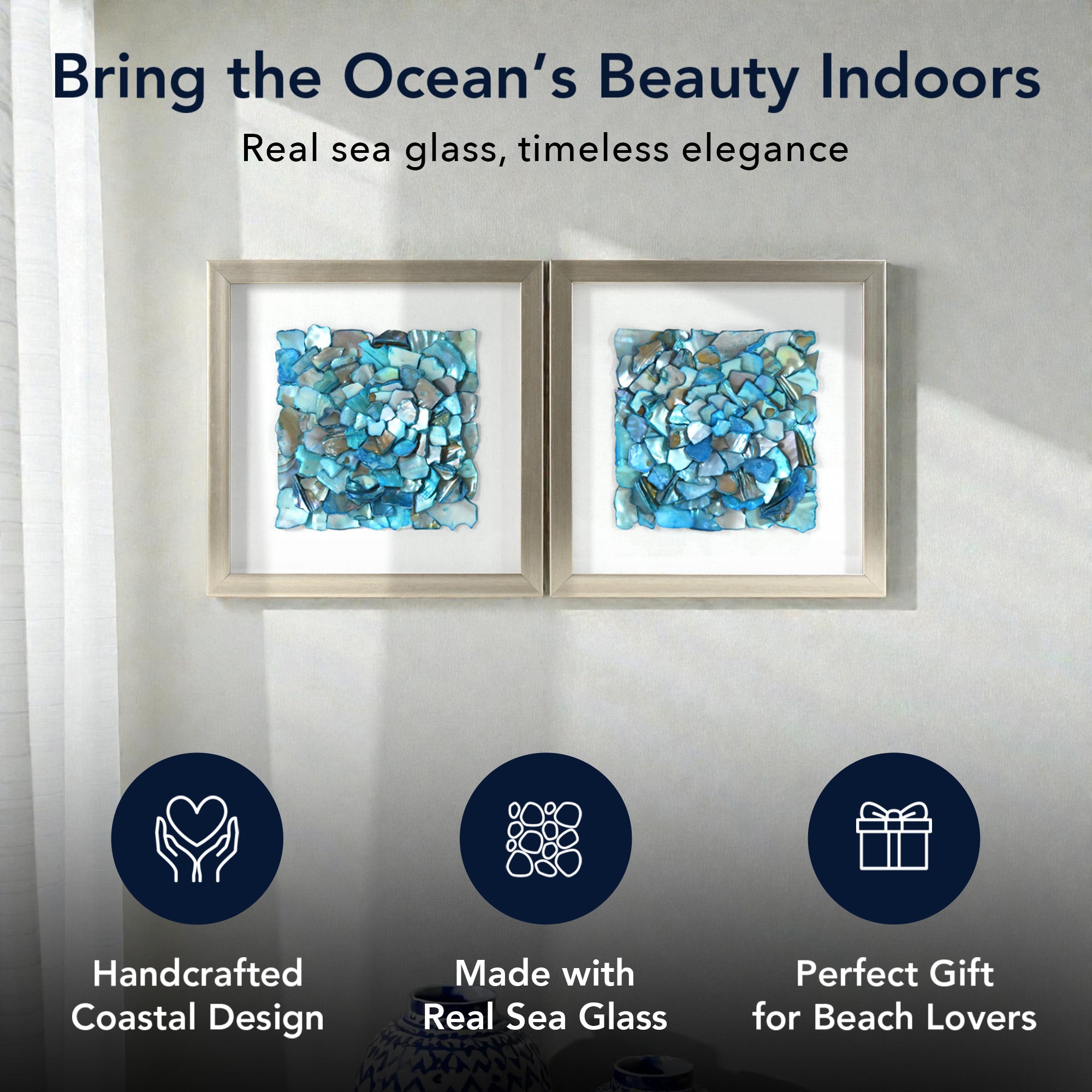 2-pc Sea Glass Shell Wall Art Set - Coastal Aqua & Teal Shadowbox Decor