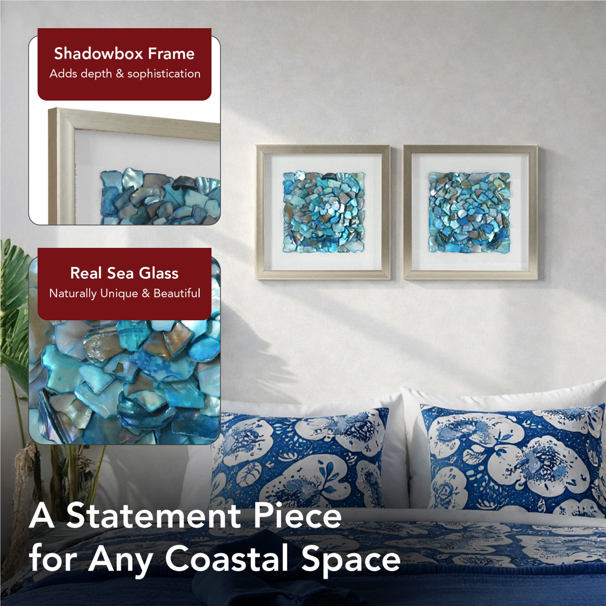 2-pc Sea Glass Shell Wall Art Set - Coastal Aqua & Teal Shadowbox Decor