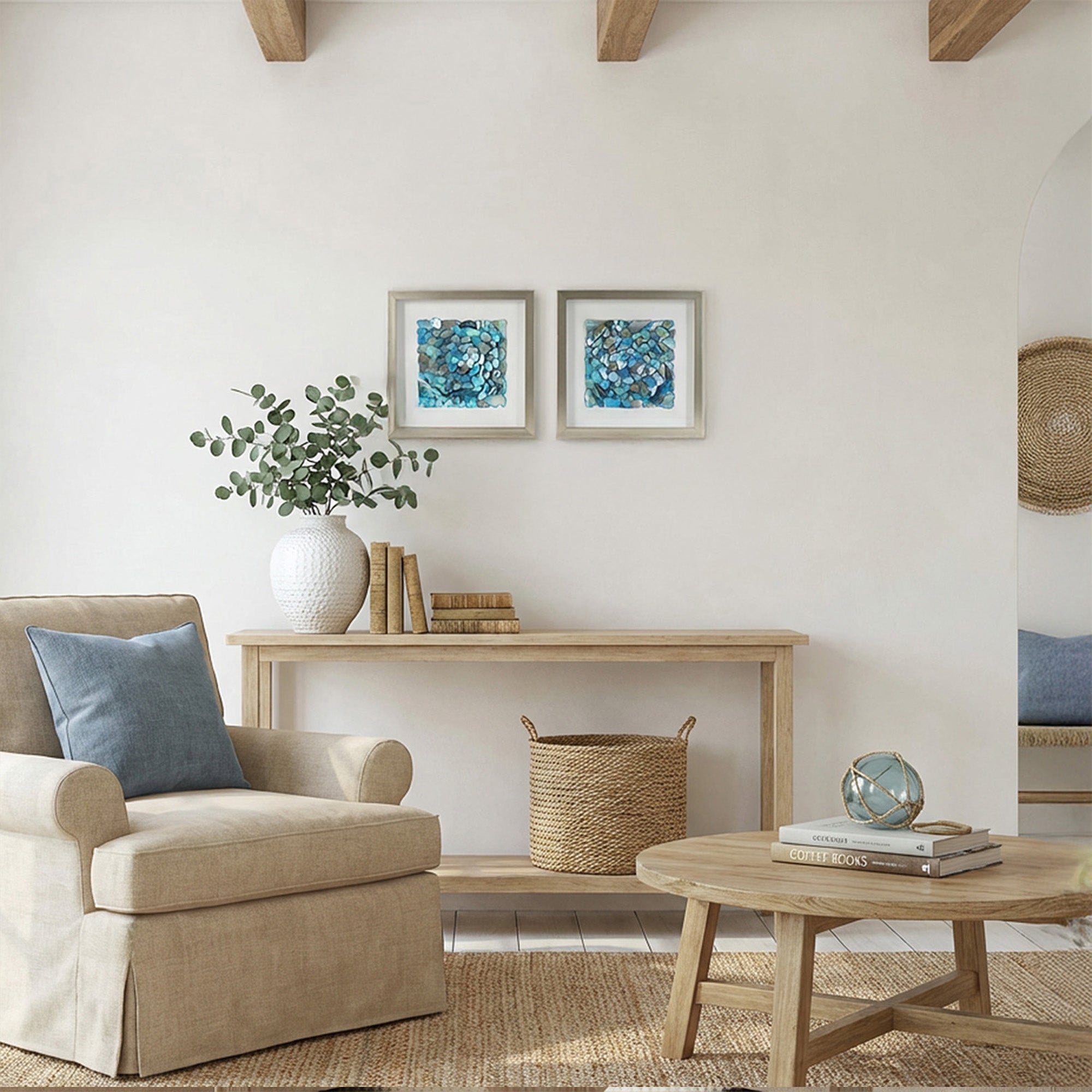 2-pc Sea Glass Shell Wall Art Set - Coastal Aqua & Teal Shadowbox Decor