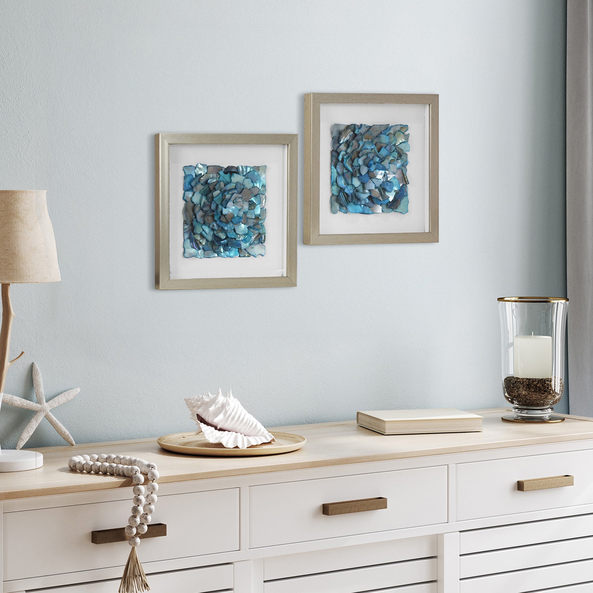 2-pc Sea Glass Shell Wall Art Set - Coastal Aqua & Teal Shadowbox Decor