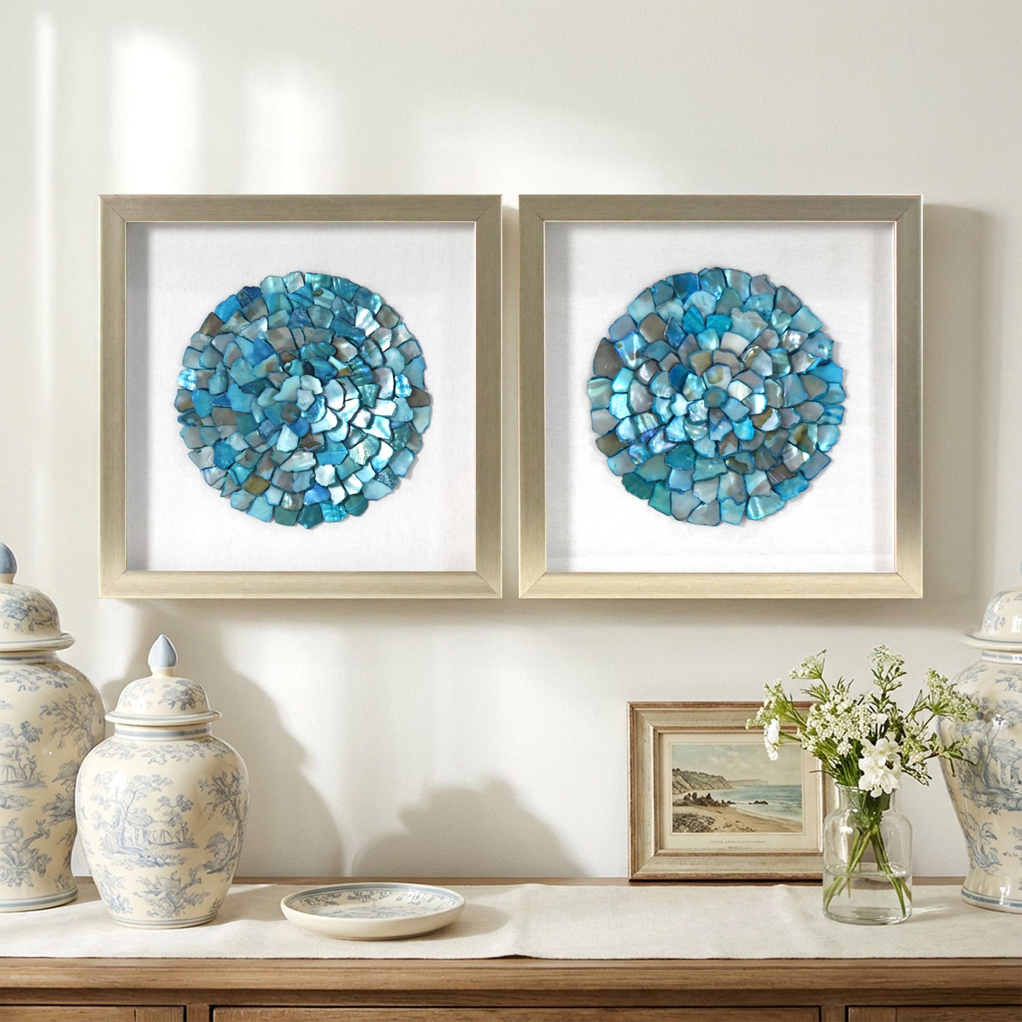 2-pc Sea Glass Shell Wall Art Set – Coastal Aqua & Teal Shadowbox Decor