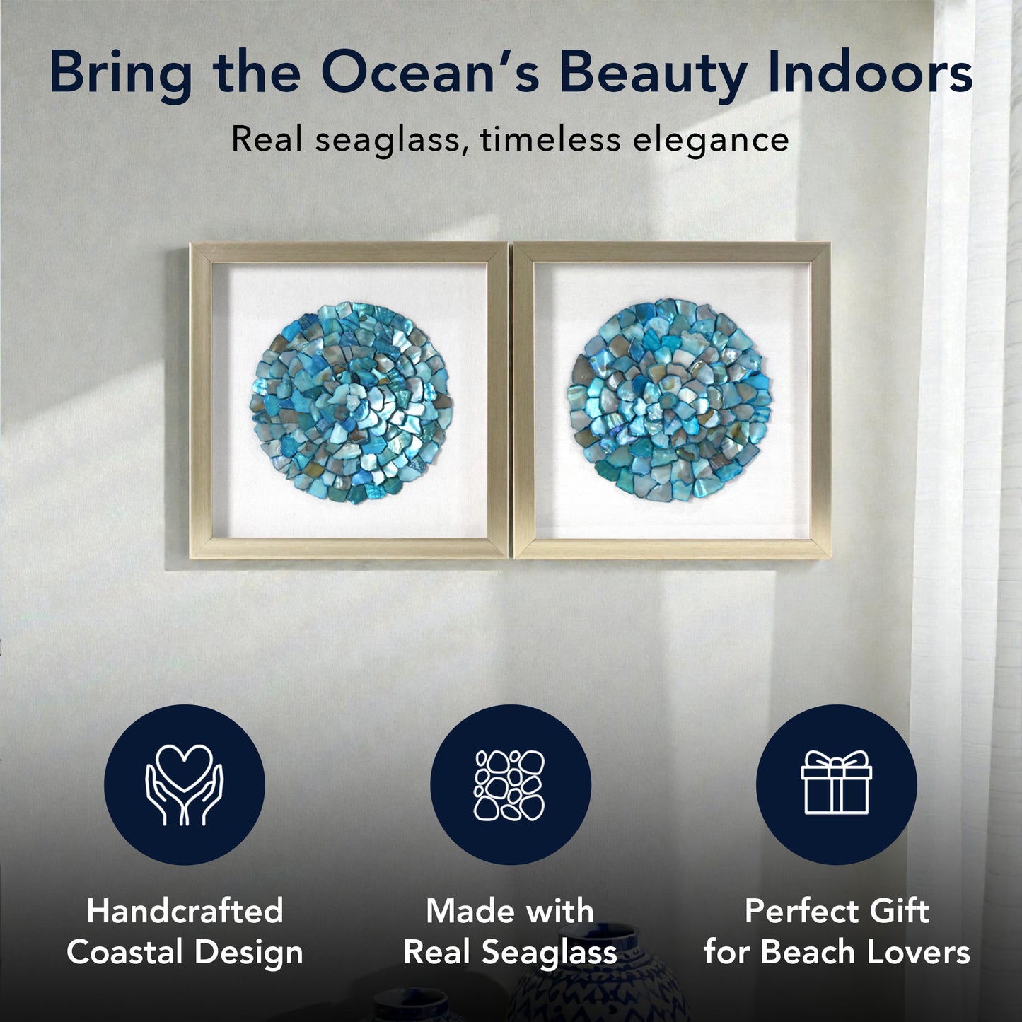 2-pc Sea Glass Shell Wall Art Set – Coastal Aqua & Teal Shadowbox Decor