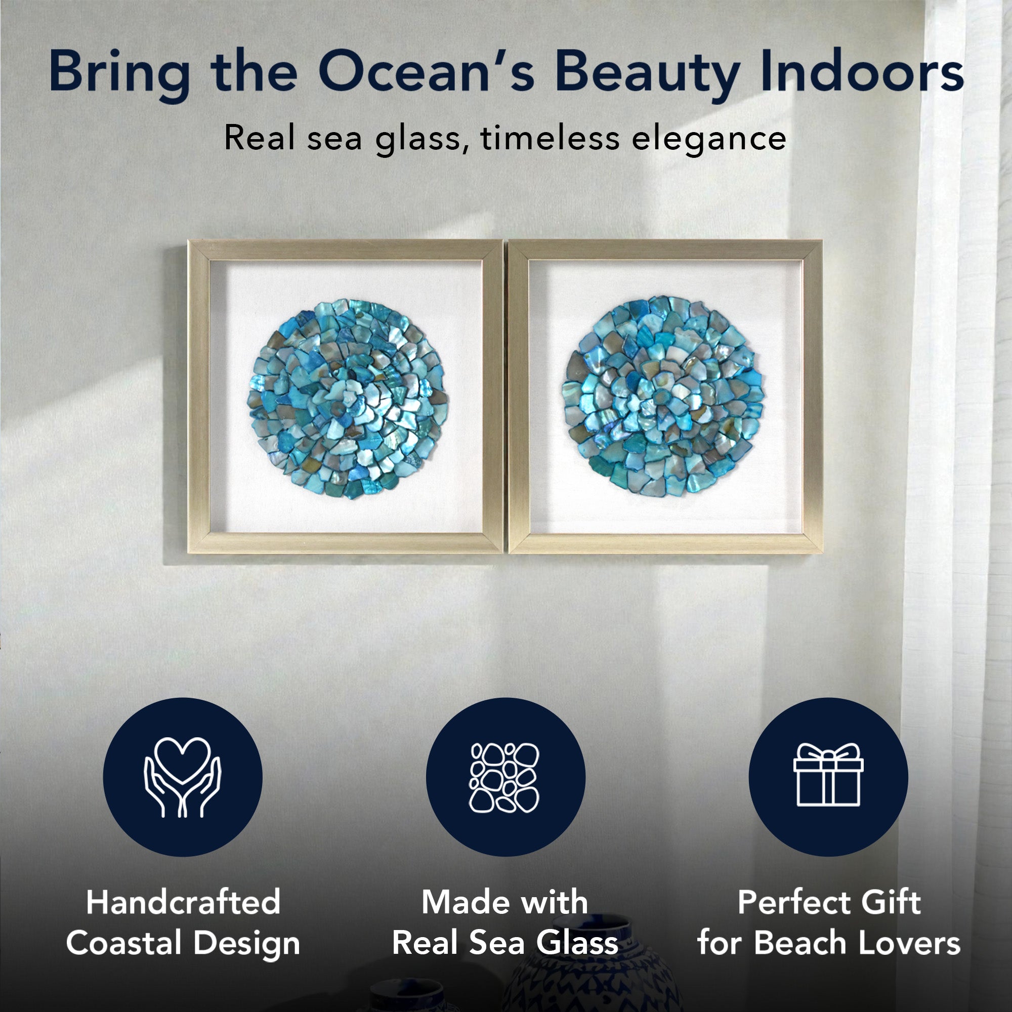 2-pc Sea Glass Shell Wall Art Set – Coastal Aqua & Teal Shadowbox Decor