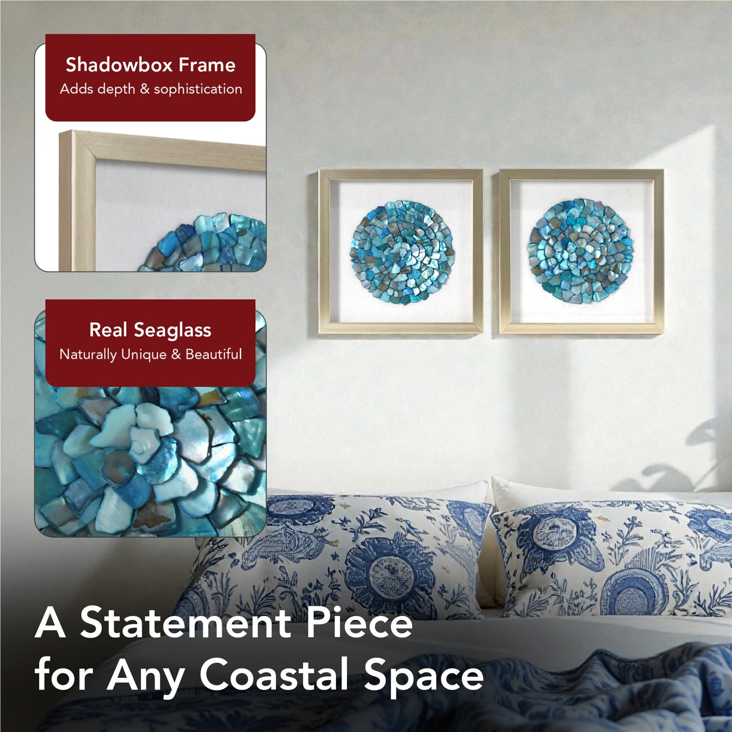 2-pc Sea Glass Shell Wall Art Set – Coastal Aqua & Teal Shadowbox Decor