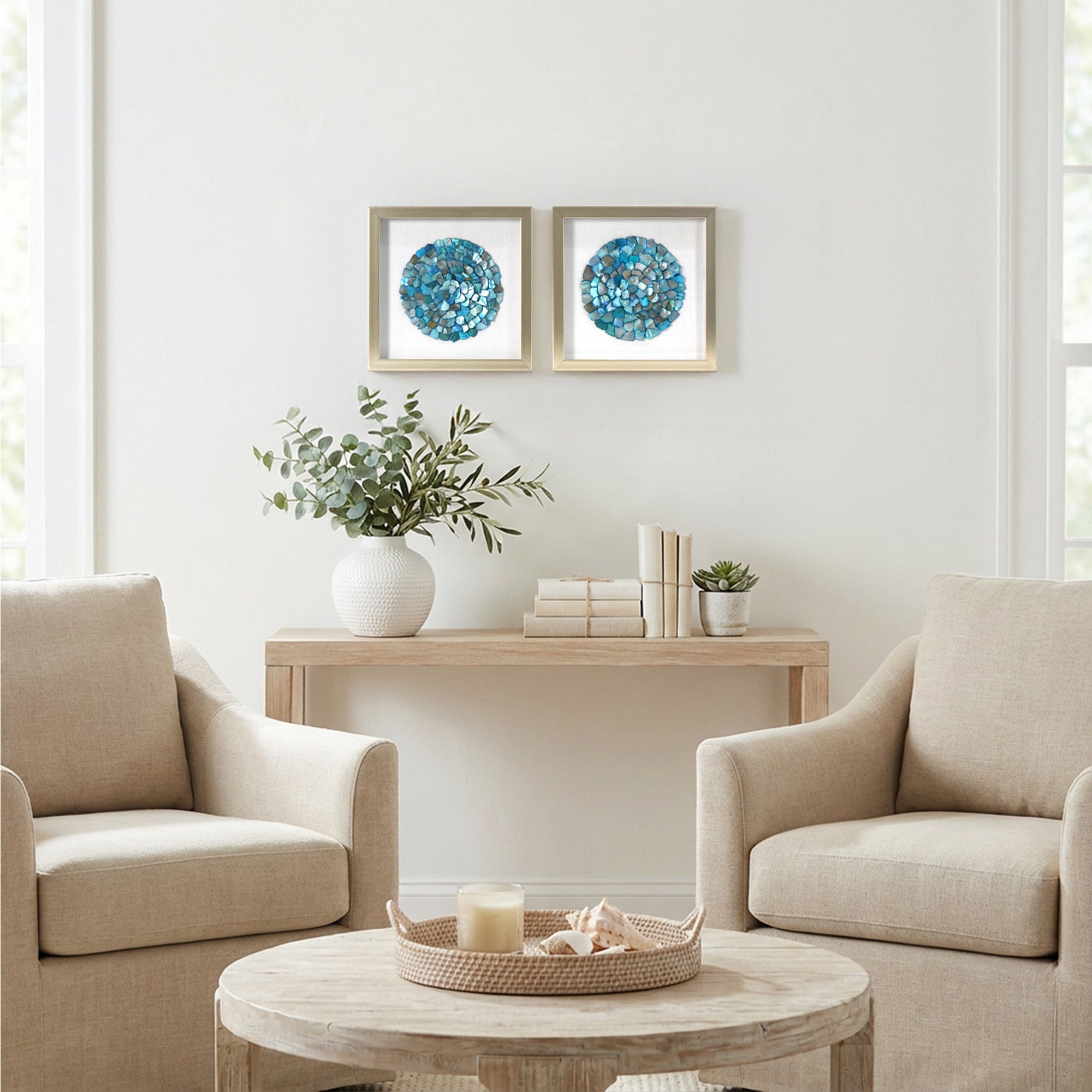 2-pc Sea Glass Shell Wall Art Set – Coastal Aqua & Teal Shadowbox Decor