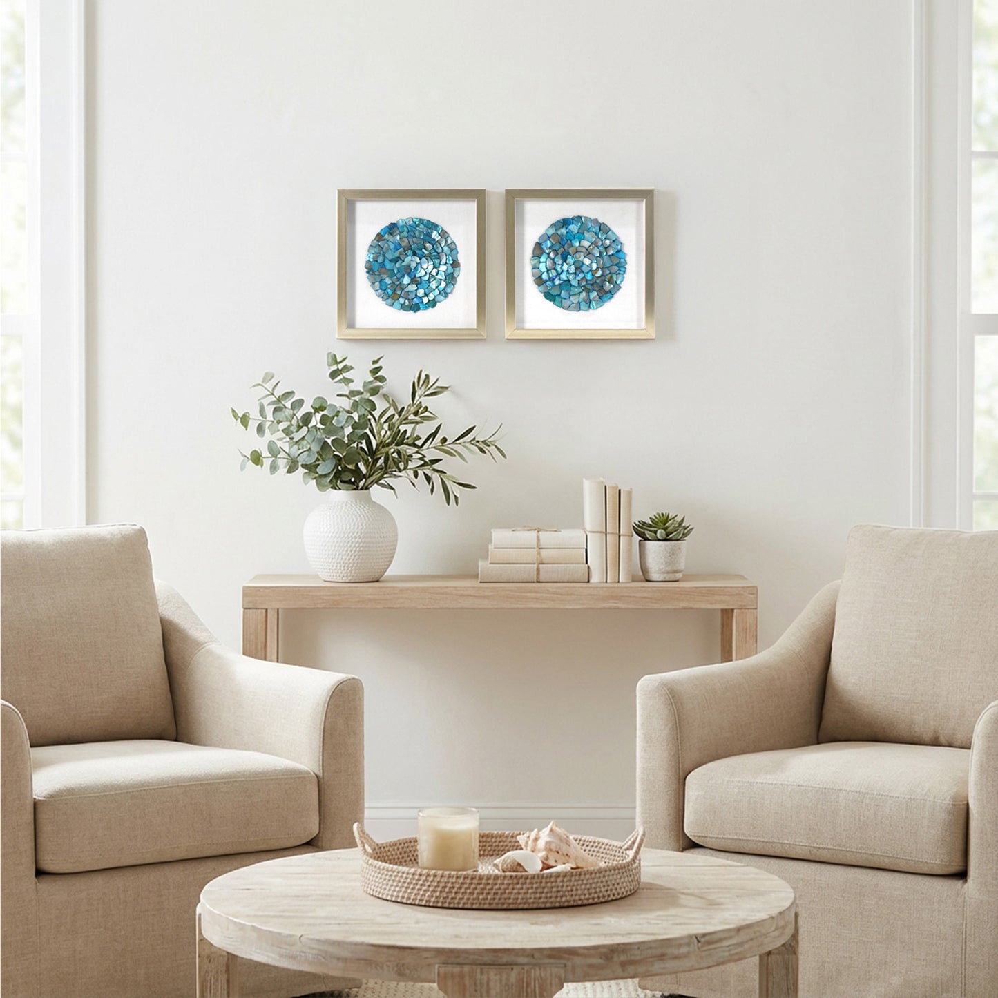 2-pc Sea Glass Shell Wall Art Set – Coastal Aqua & Teal Shadowbox Decor